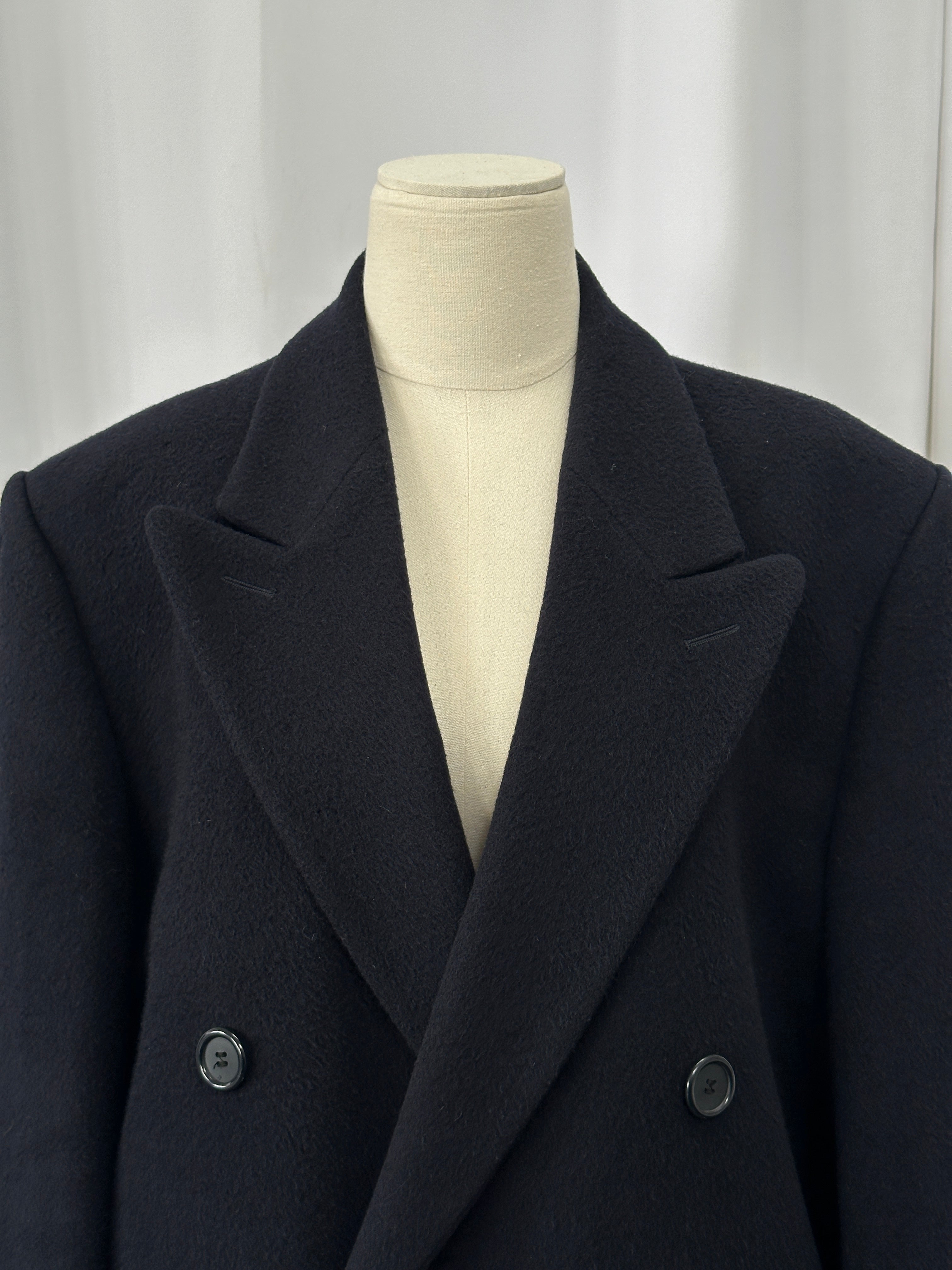 Vintage British 1990s wool and cashmere double-breasted coat in XL, featuring classic tailoring and a timeless design.