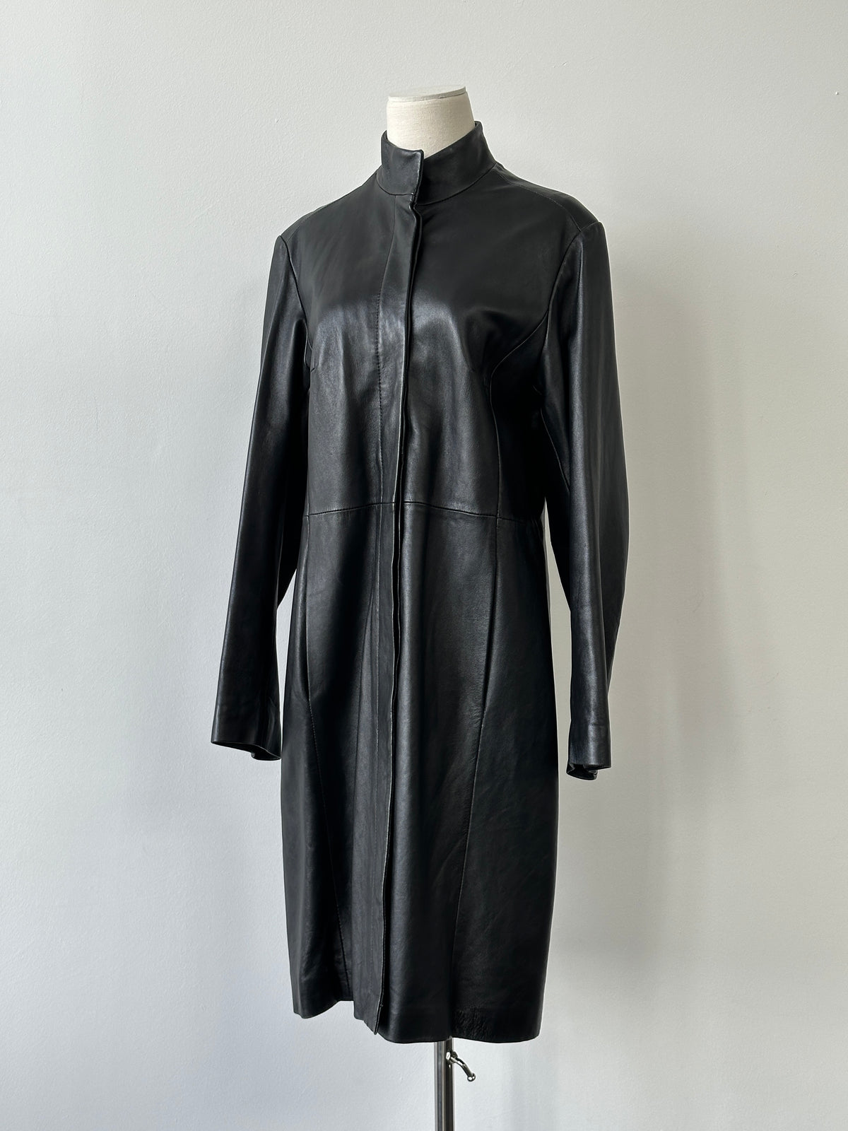 Vintage 1990s High Neck Leather Trench Coat - M