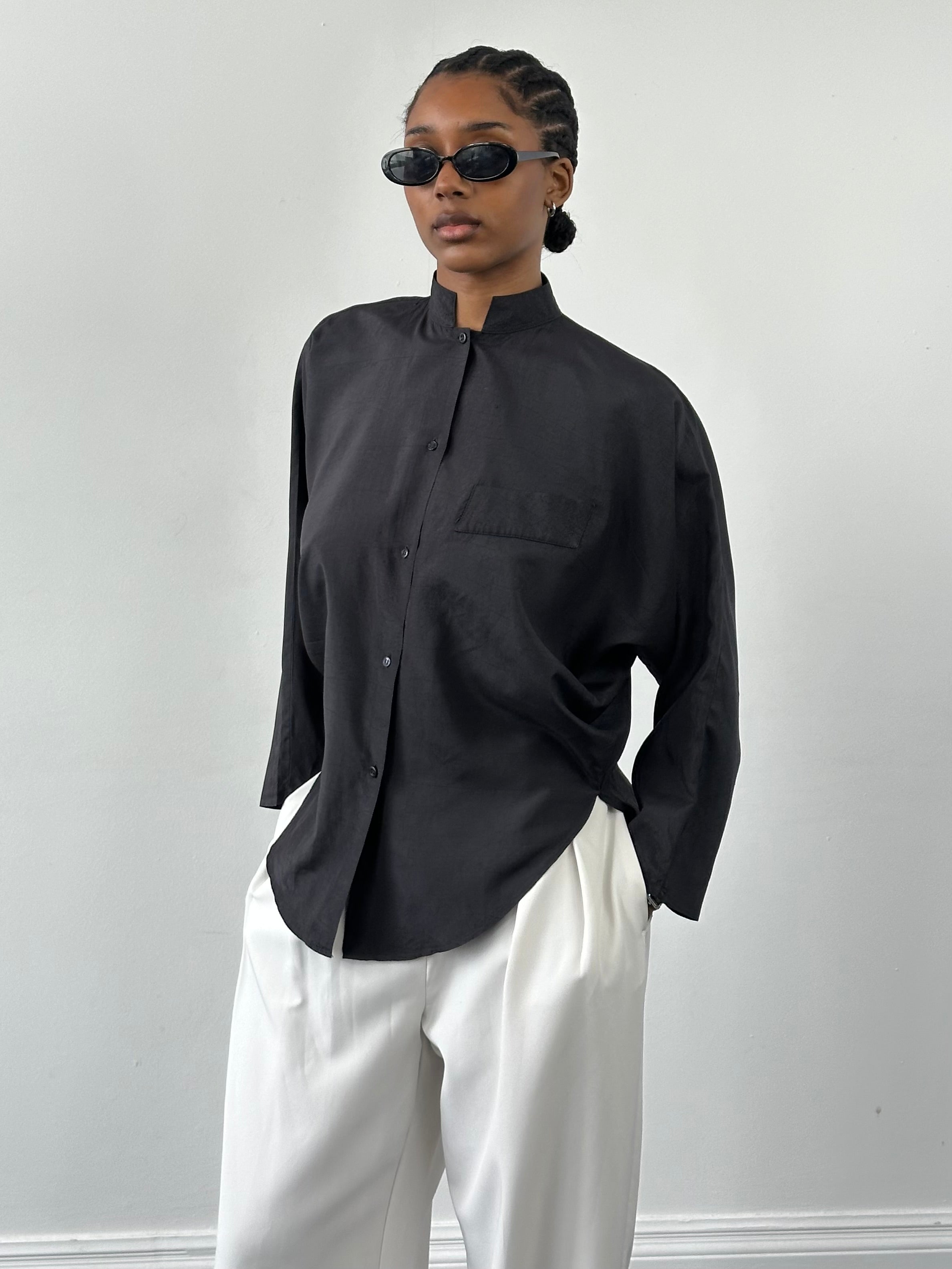 Vintage 1990s mandarin collar minimal shirt in size S, featuring a classic design and clean lines.