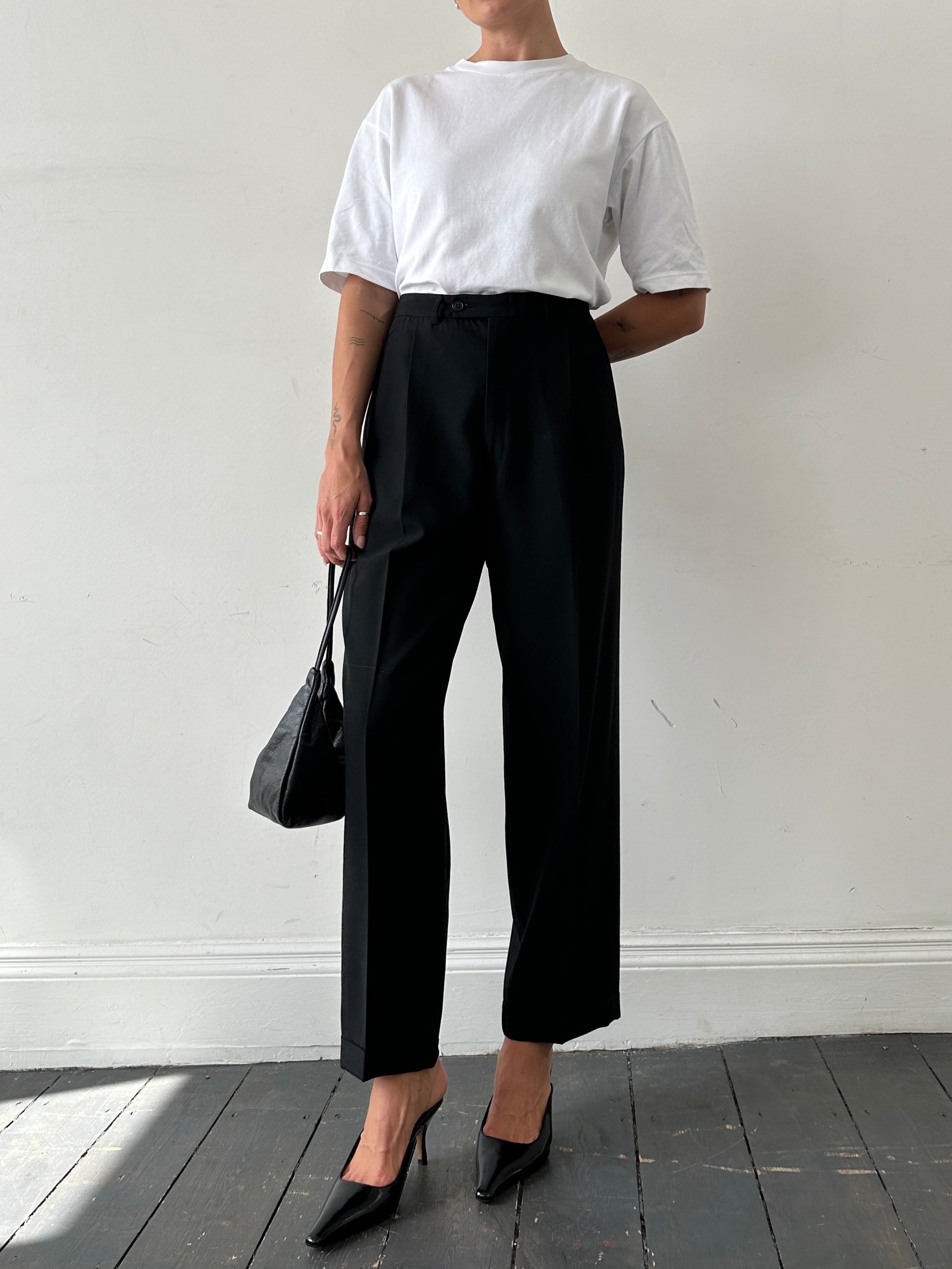 Vintage pure wool tailored tuxedo trousers with straight leg fit, W32 size, featuring a classic formal style and sleek design.