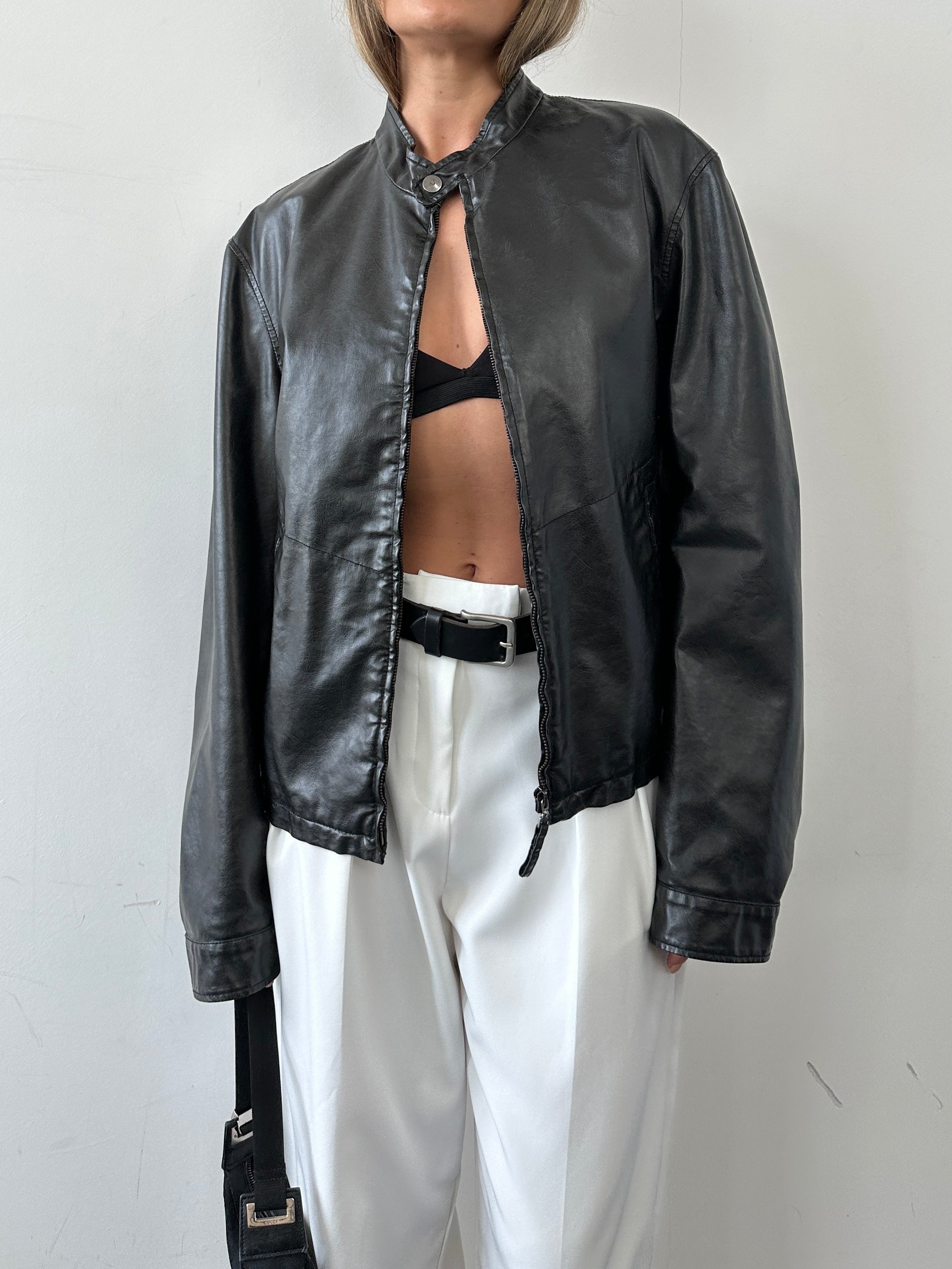 Armani Jeans faux leather biker jacket in size M, black with silver hardware, stylish and fitted for a modern look.