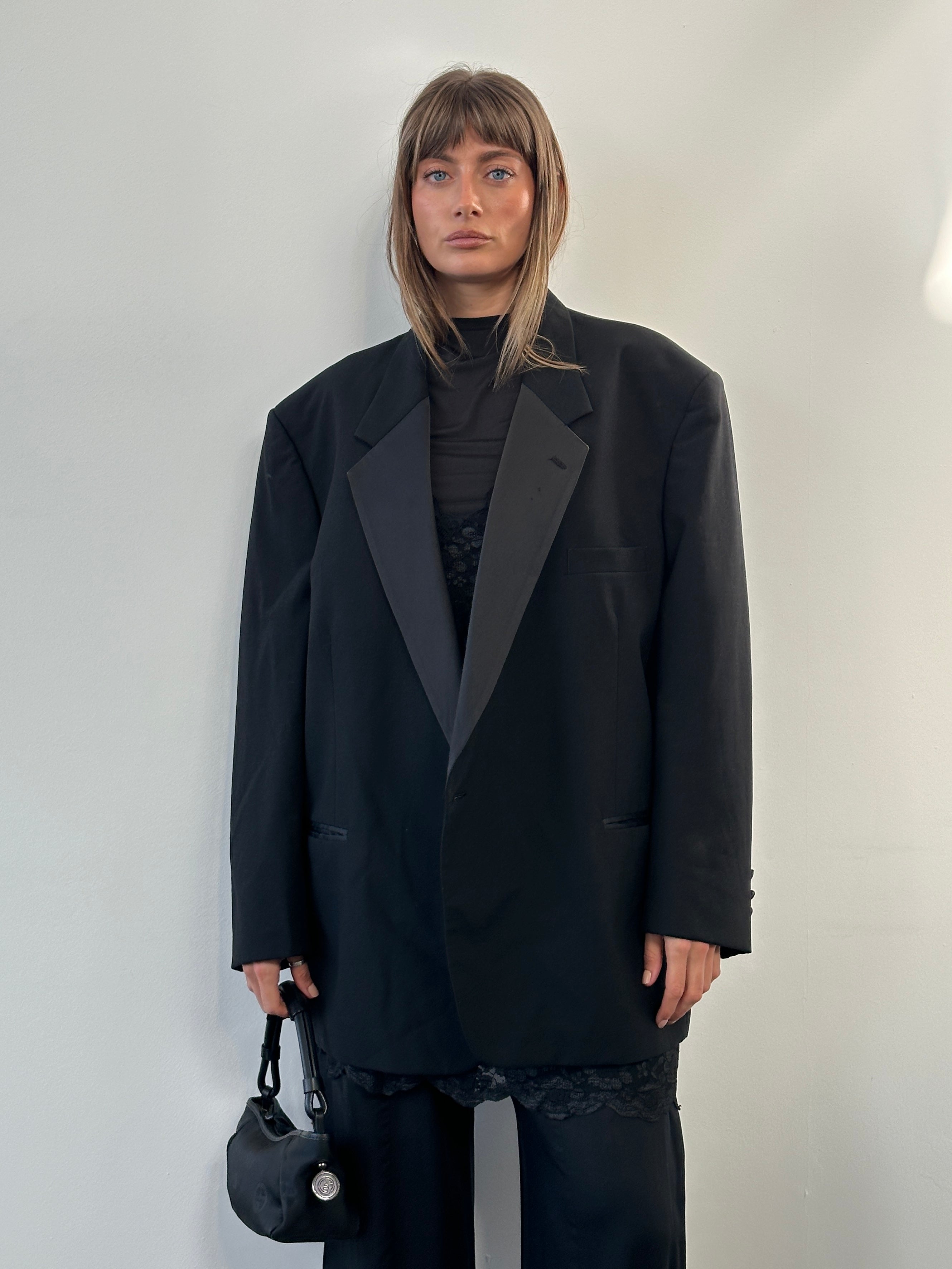 Christian Dior Le Connaisseur 1990s tuxedo wool blazer, size 52R/XXL, classic black tailored jacket with satin lapels.