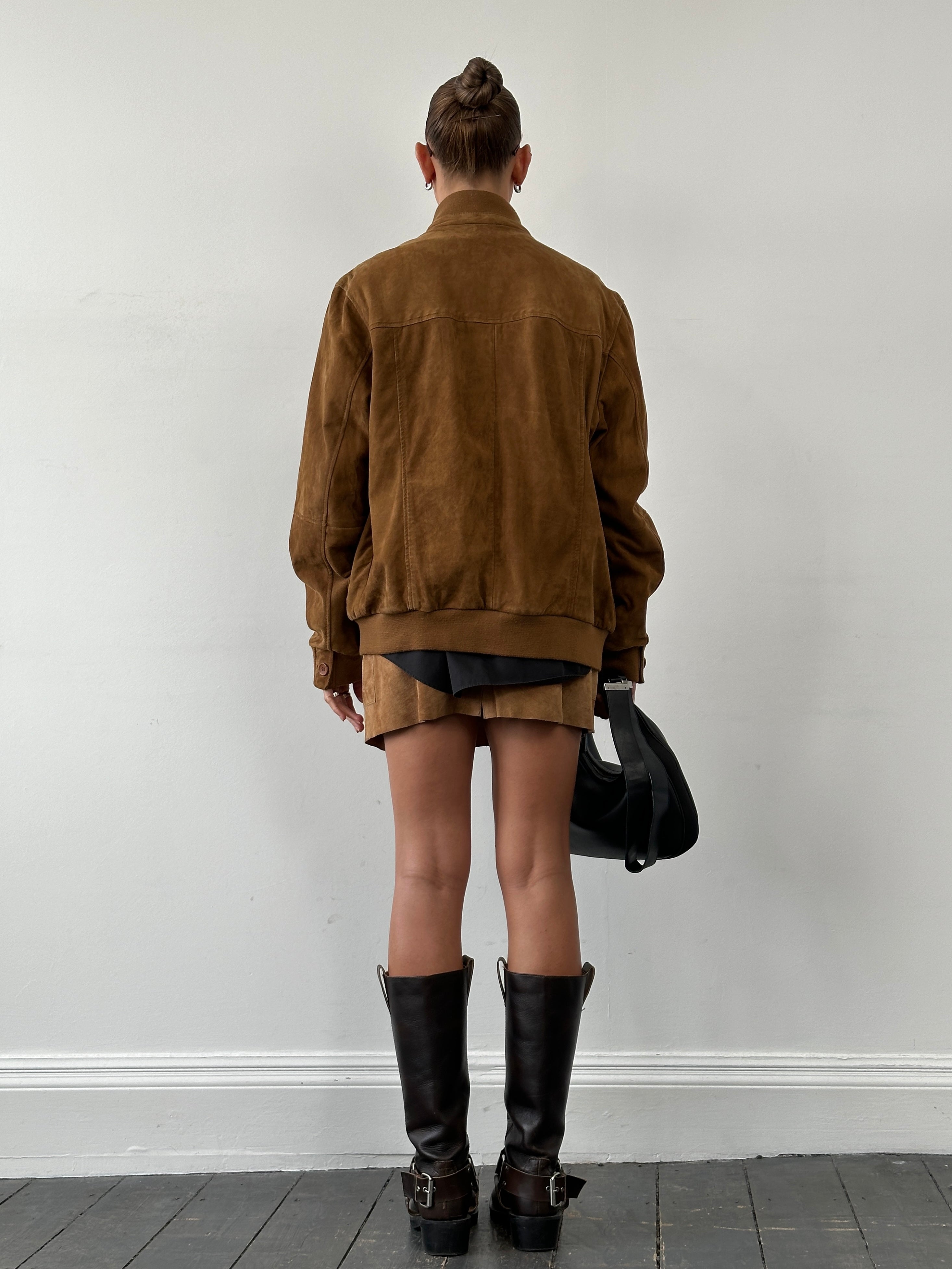 ARMA Suede Bomber Jacket in size L, featuring a stylish tan suede exterior and ribbed cuffs and collar.