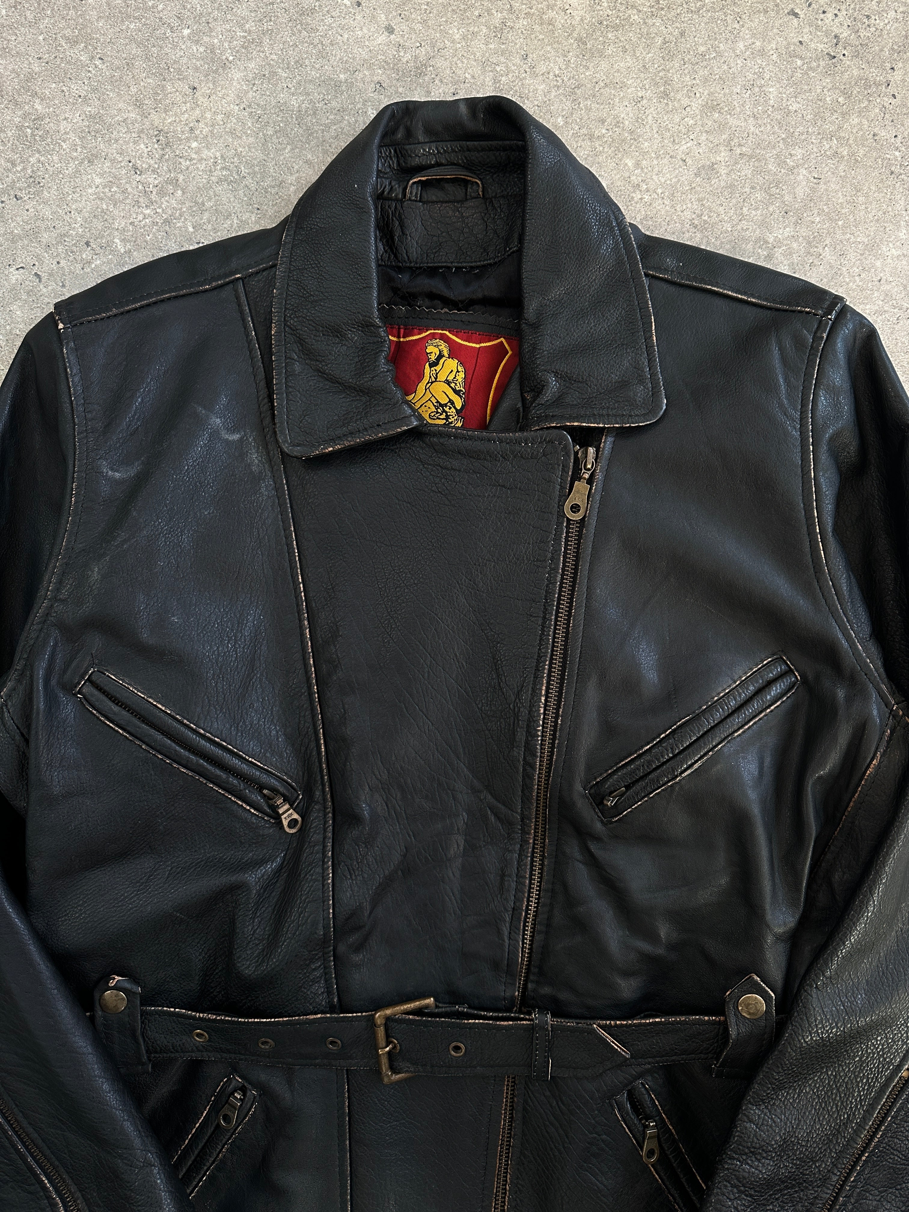 Vintage 1980s aviator belted leather jacket, M/L size, featuring classic design, leather material, and vintage details.