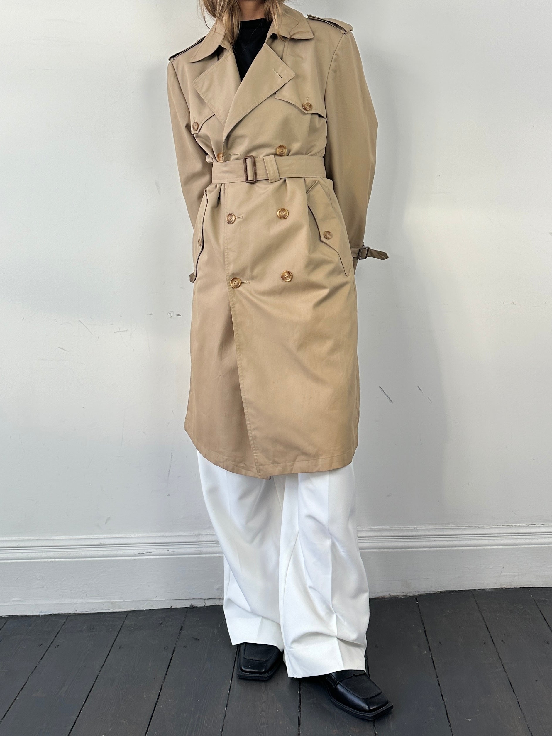 Christian Dior double-breasted cotton belted trench coat in size M, stylish beige outerwear with classic design and button details.
