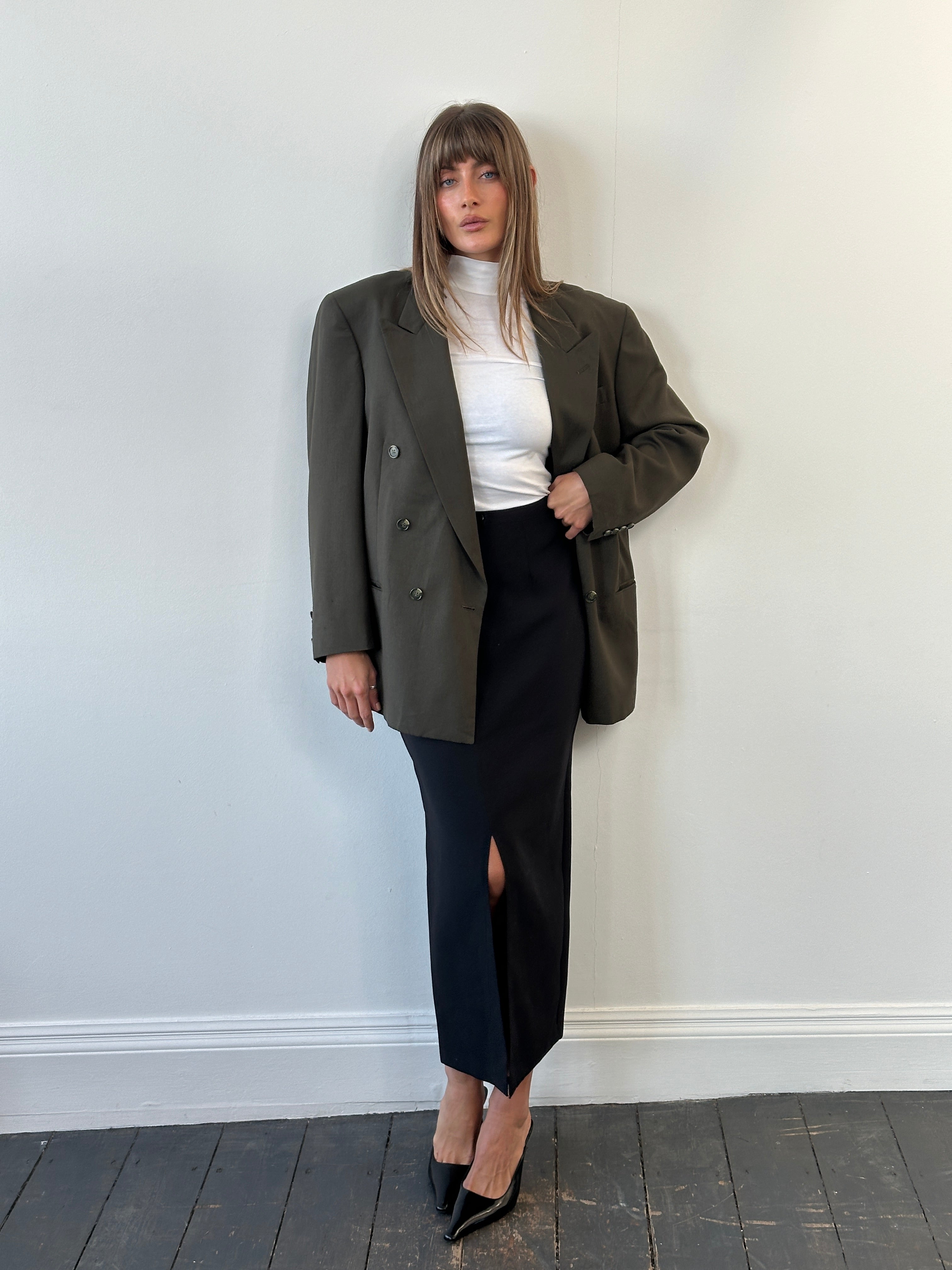 Christian Dior Monsieur 1980s pure wool double-breasted blazer in size 41R/XL, showing tailored fit and classic design.