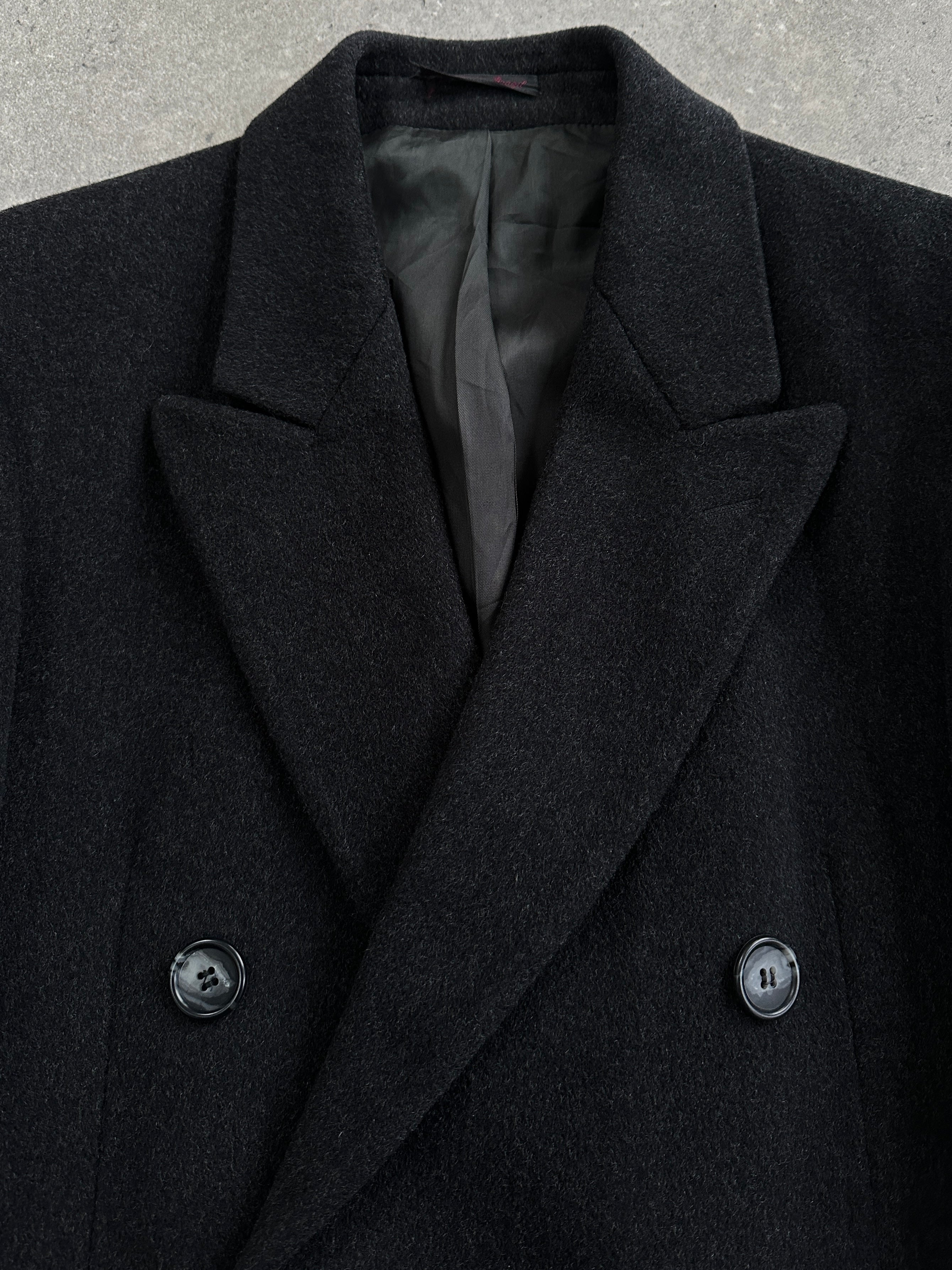 Vintage 1980s pure wool double-breasted coat in size large, classic 1980s style with tailored lapels and button details.
