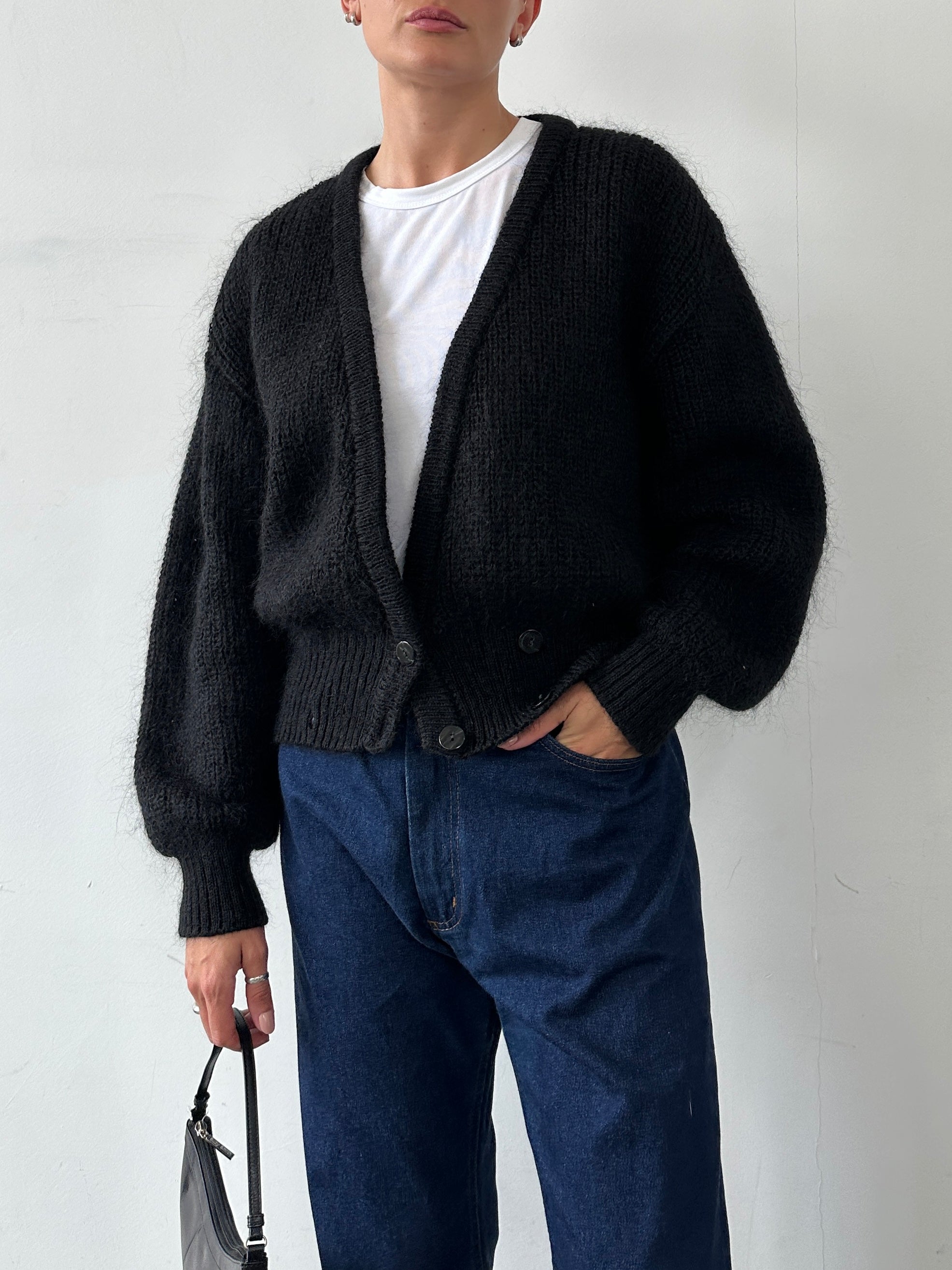 St Michael British 90s mohair double-breasted cardigan in M/L, featuring a classic design with button closure and textured knit.