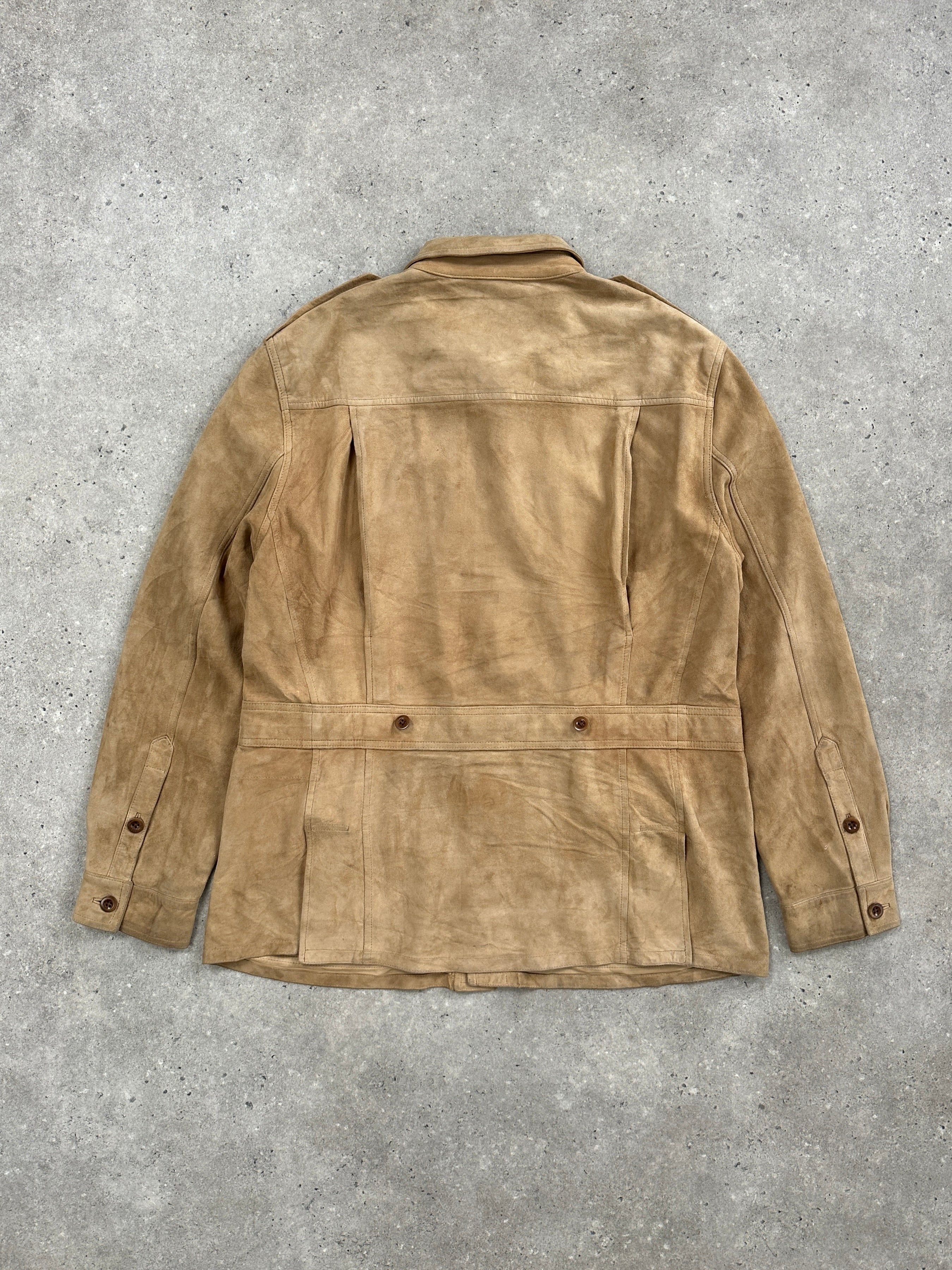 Ralph Lauren Polo 2000s safari suede jacket in XL, showing classic tan color, collar, and front button details.