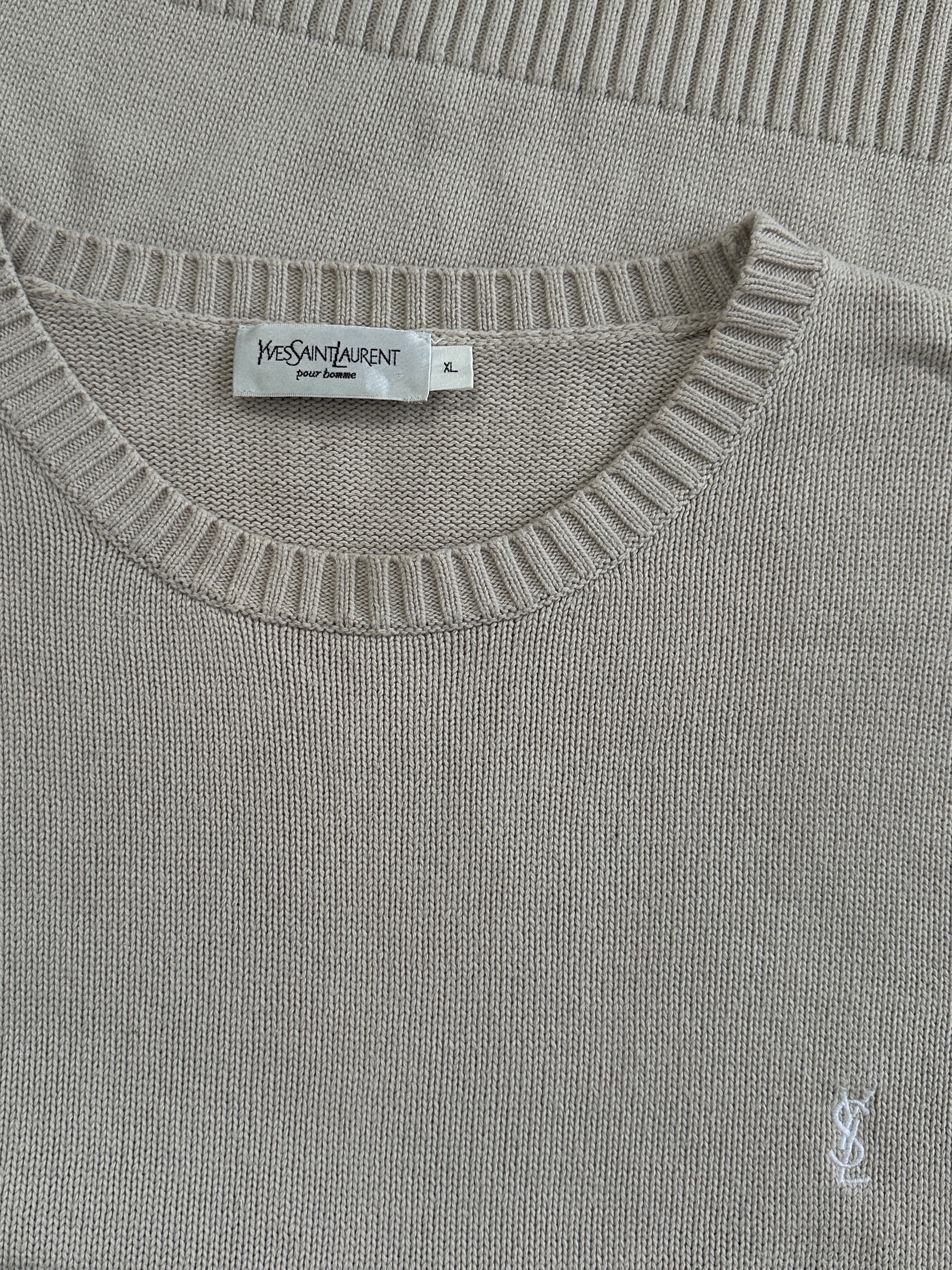 Yves Saint Laurent men's XL knitted cotton jumper with logo design, featuring a classic crew neck and ribbed cuffs.