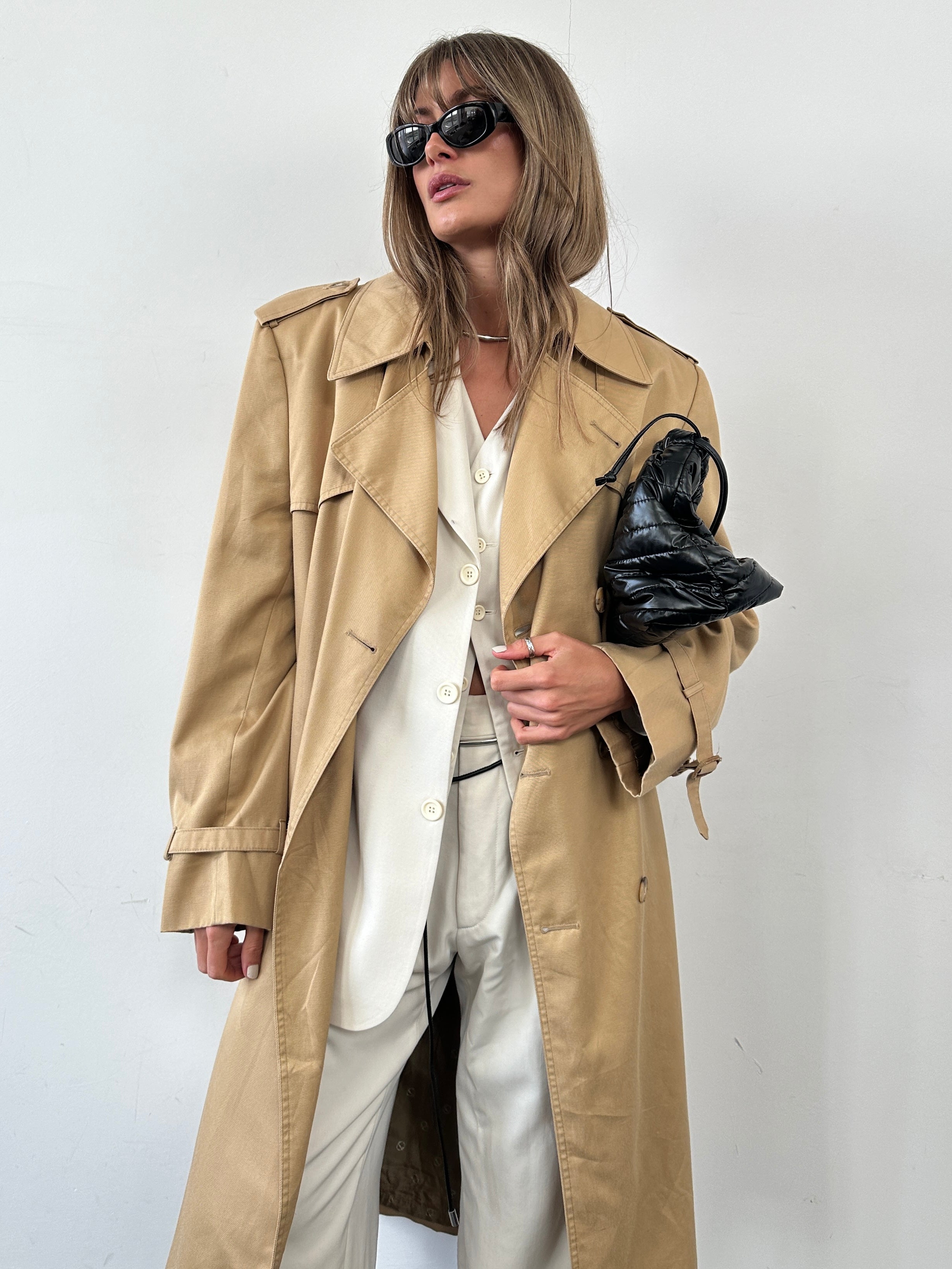Christian Dior cotton double-breasted trench coat in size L/XL, shown with classic design and stylish belt details.