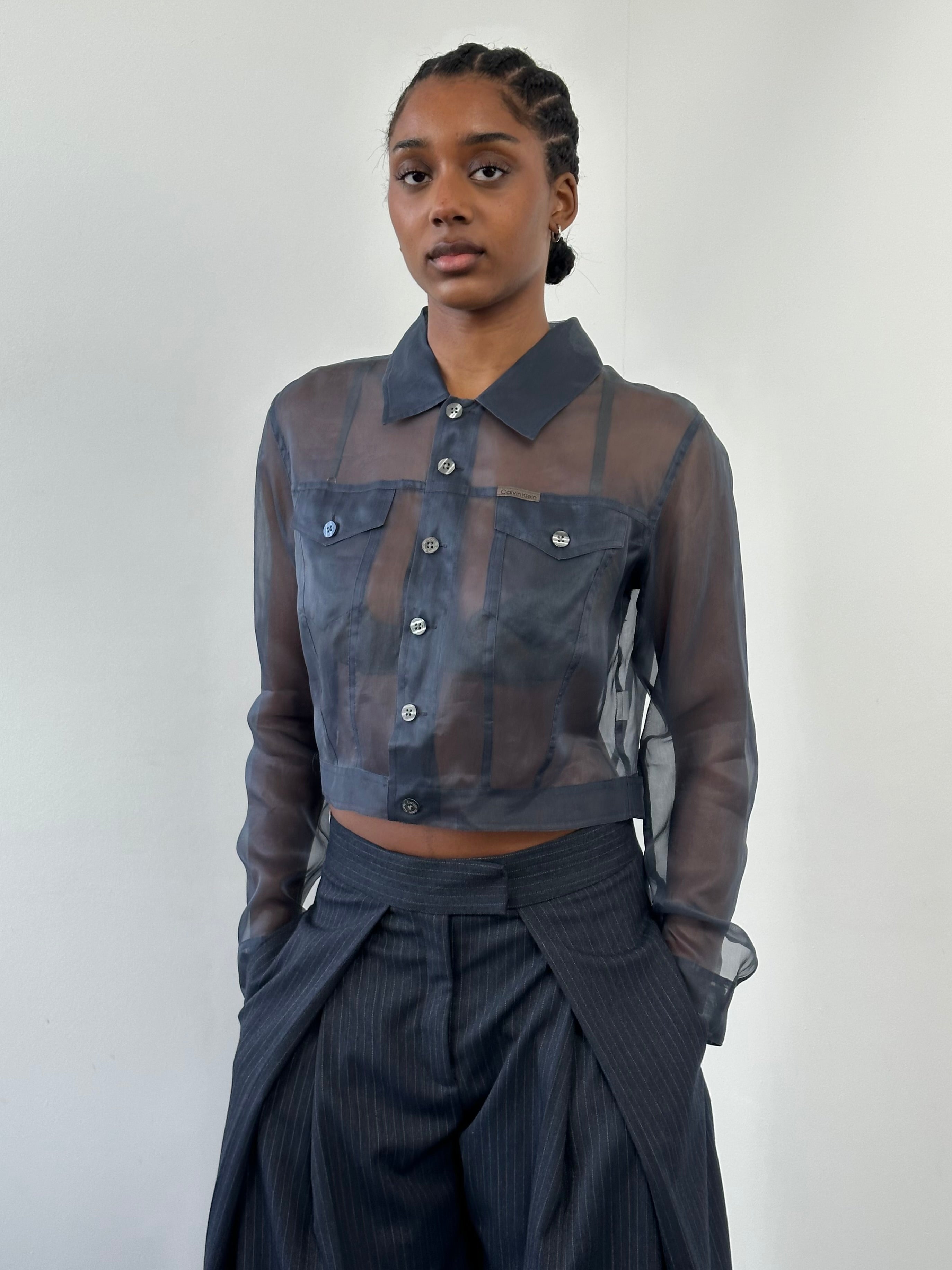Vintage Calvin Klein Jeans 2000s pure silk sheer jacket, men's size M, lightweight and stylish with transparent fabric.