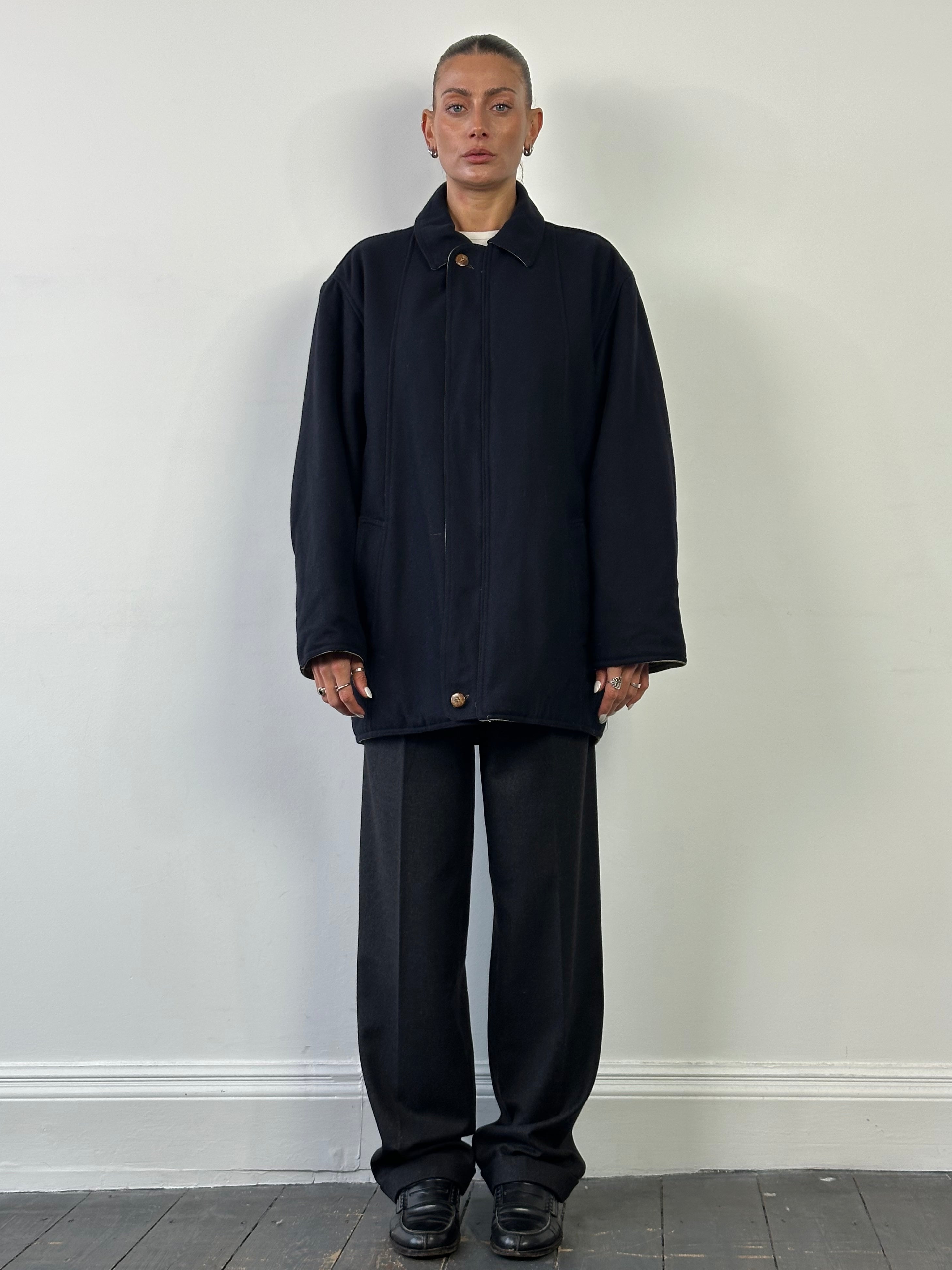Vintage Italian vintage brushed wool reversible jacket in XL, showing the cozy textured fabric and classic design.