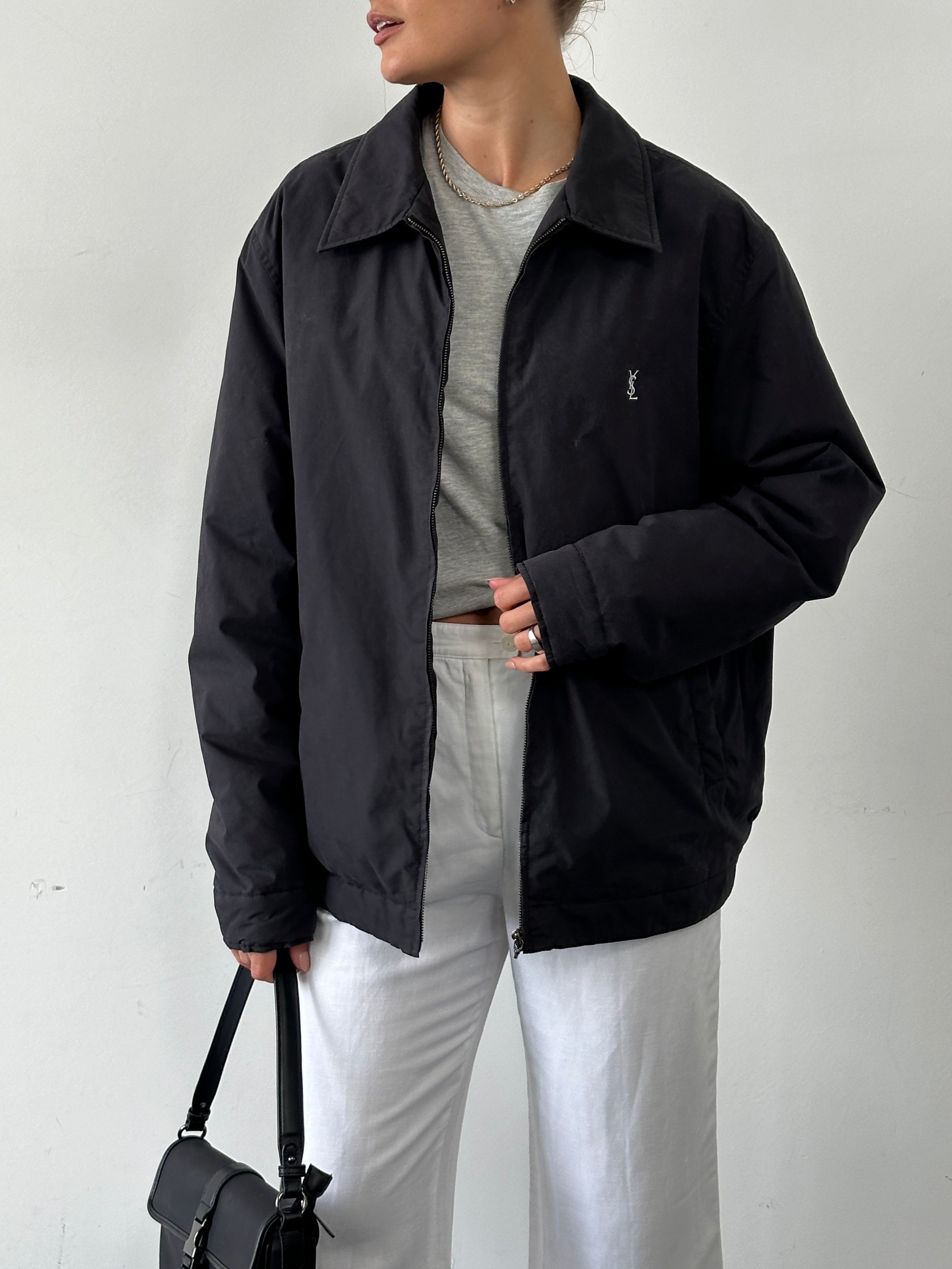 Yves Saint Laurent Pour Homme padded logo bomber jacket in gray, size XL, featuring a quilted design and embroidered YSL logo.