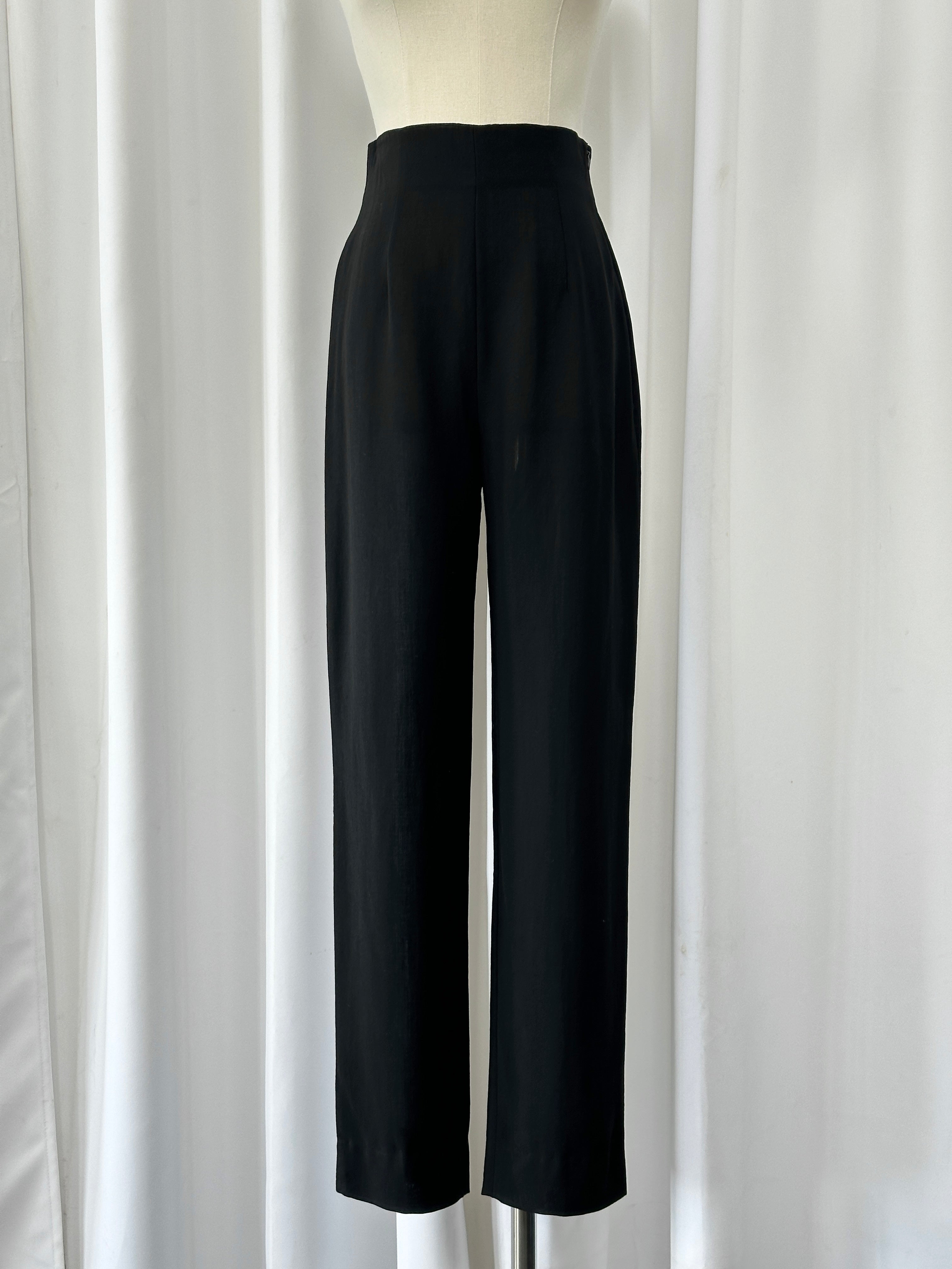 Max Mara 1990s wool high-waisted straight leg tailored trousers, W24, in a classic neutral color, displayed flat.