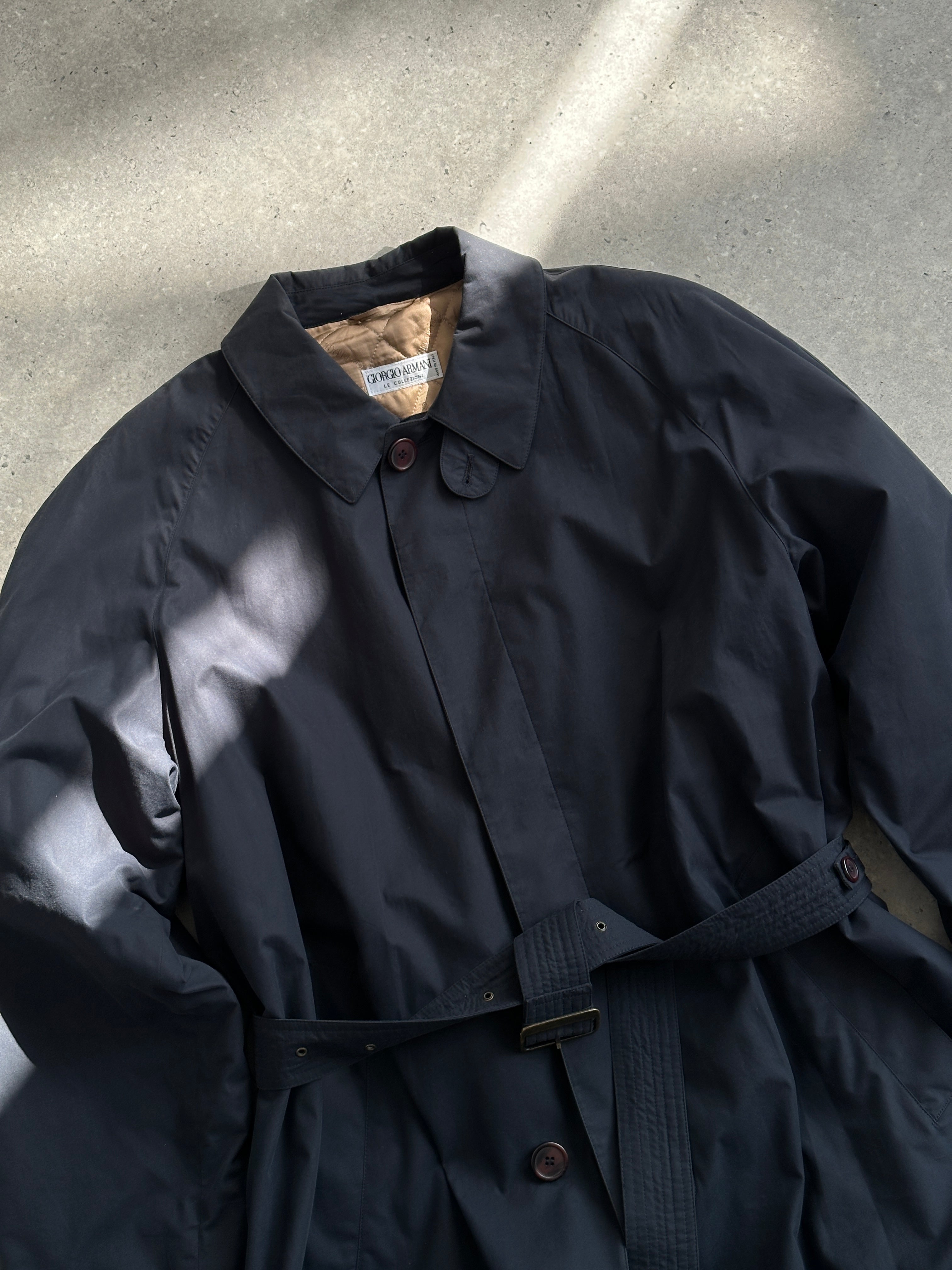 Giorgio Armani Le Collezioni cotton belted trench coat in XL, beige color, showing front view with belt and classic collar.