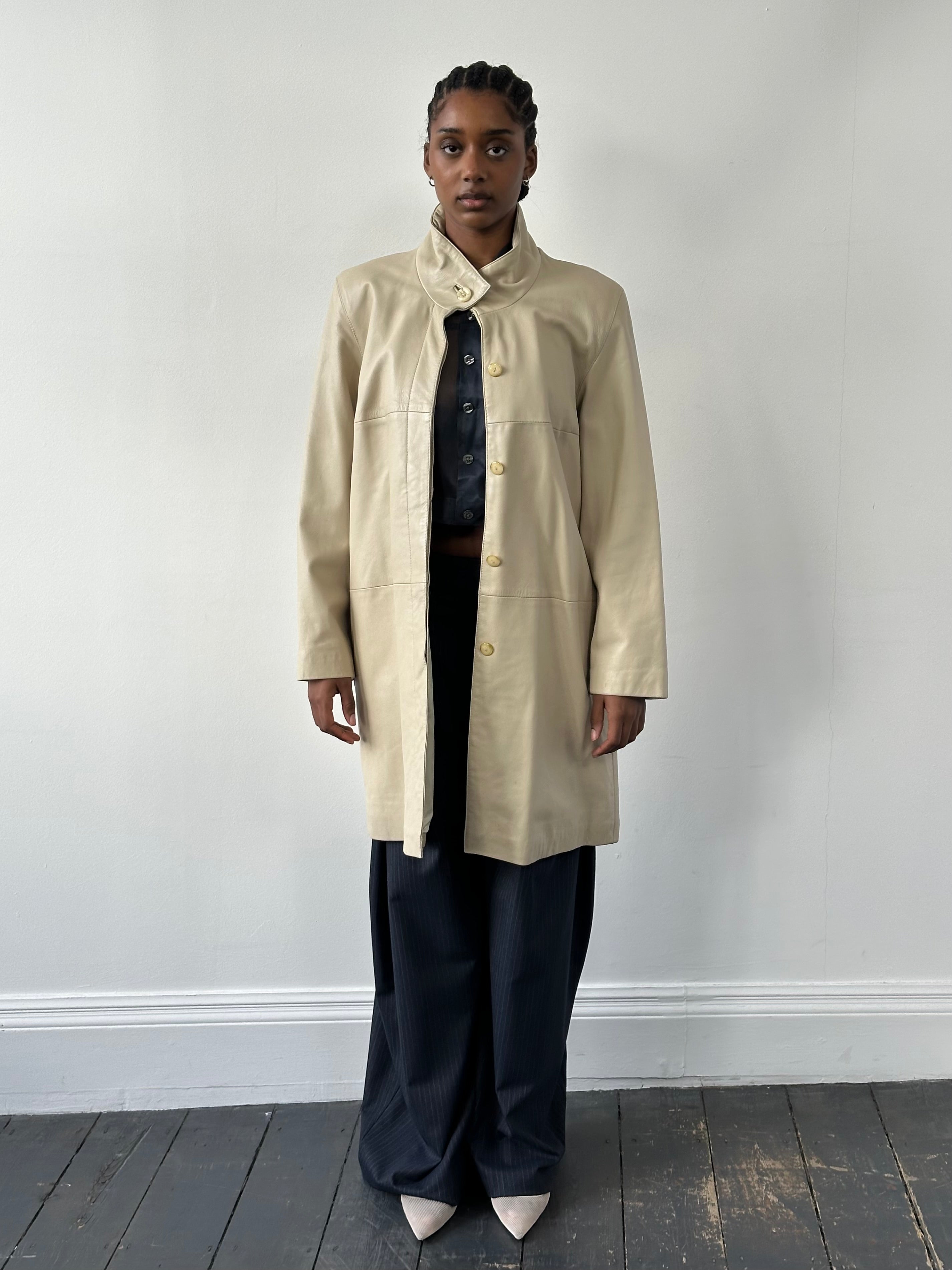 Vintage 1990s high neck leather trench coat, M/L, featuring classic design and durable leather material.