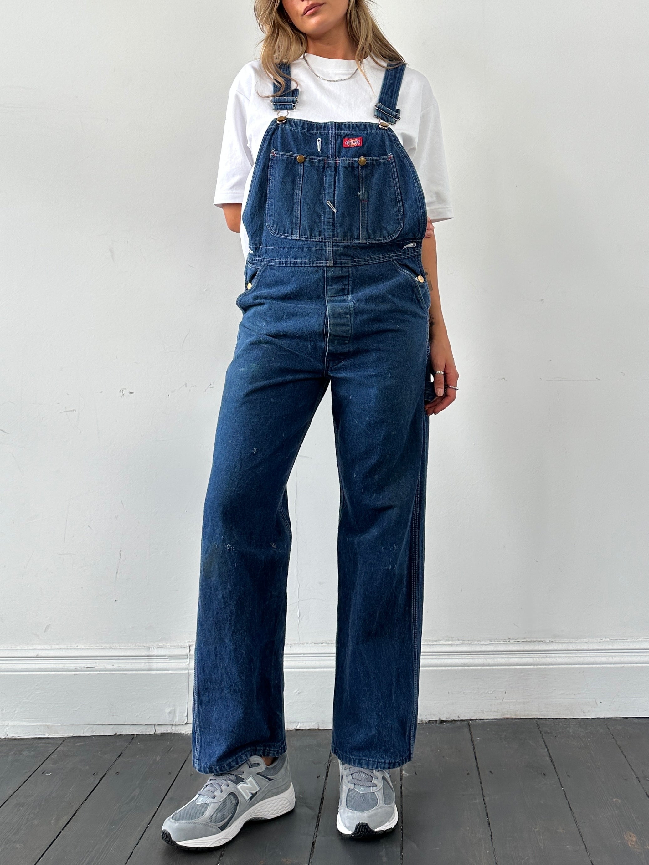 Dickies pure cotton denim dungarees in XS/S, showcasing classic blue denim with adjustable straps and front pockets.