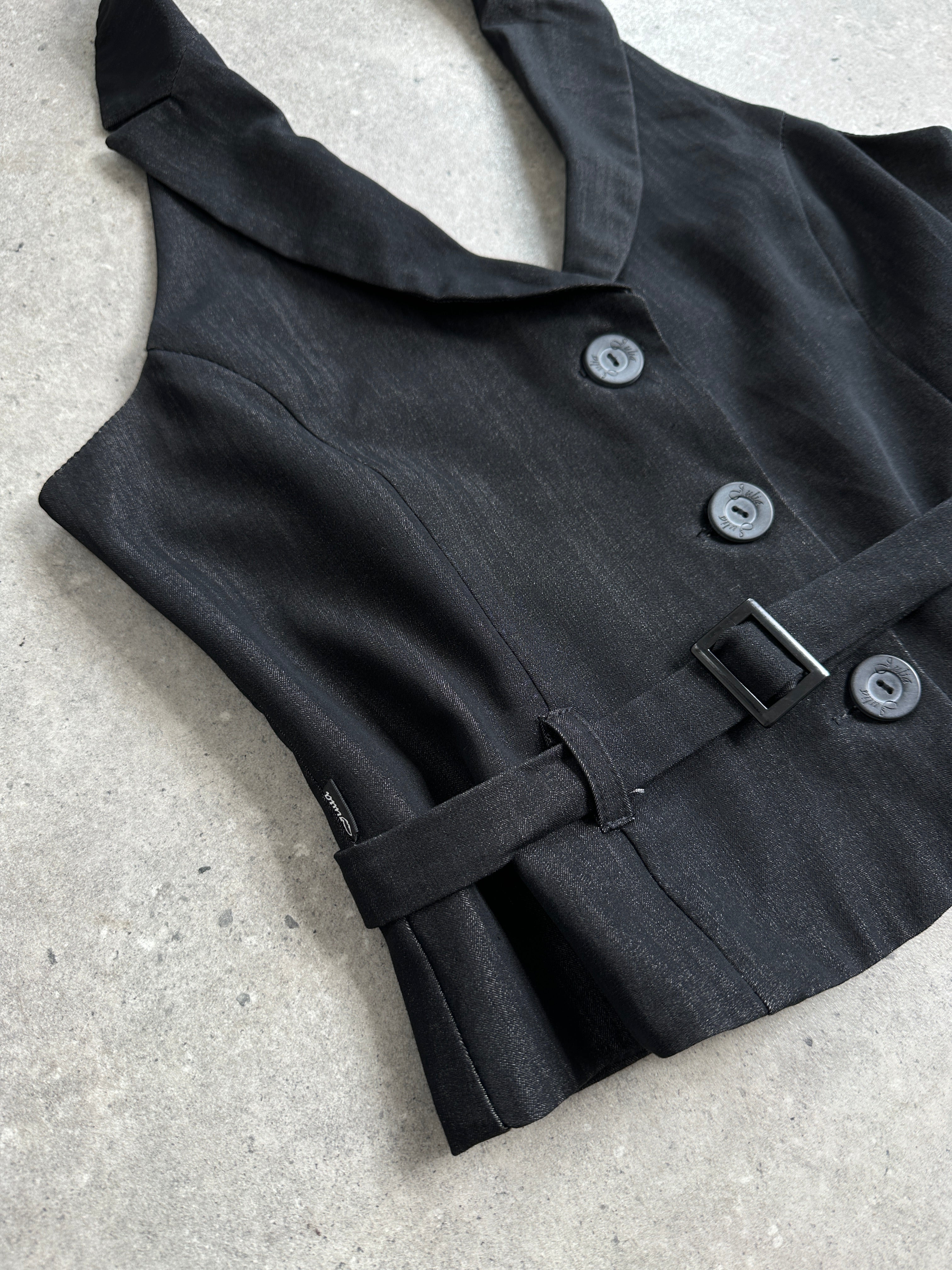 Vintage brand halterneck belted waistcoat, size M, featuring a classic vintage design with a fitted silhouette and waist belt.