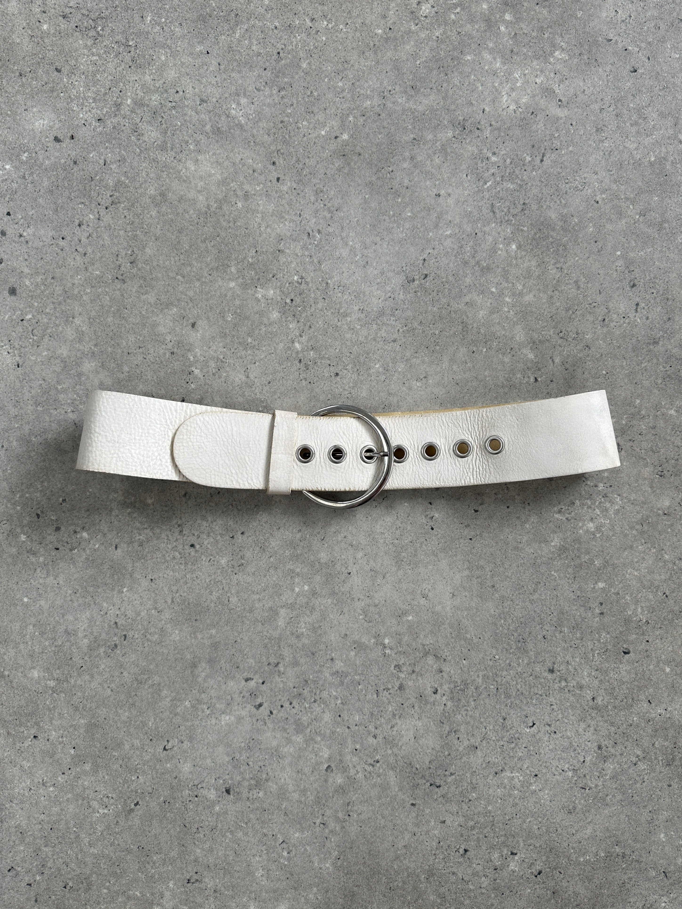 Vintage Italian 1990s chrome chunky leather belt, 28-32 inch, with bold metal buckle and distressed leather finish.