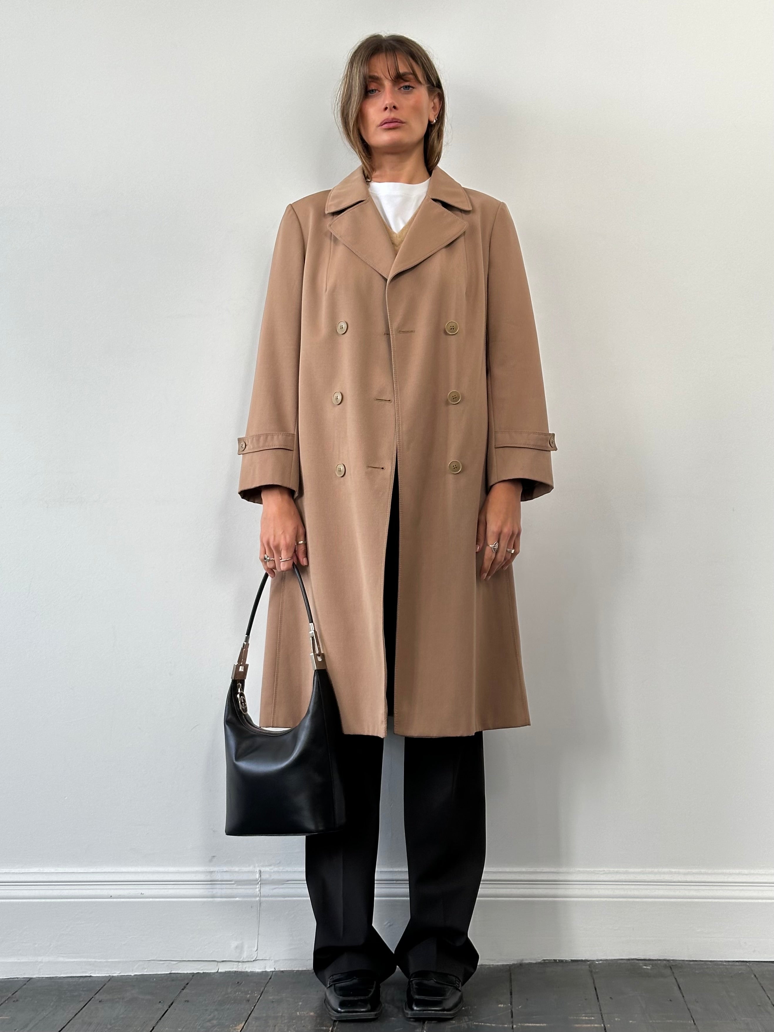 Vintage pure virgin wool double-breasted belted trench coat in classic style, shown on a neutral background.