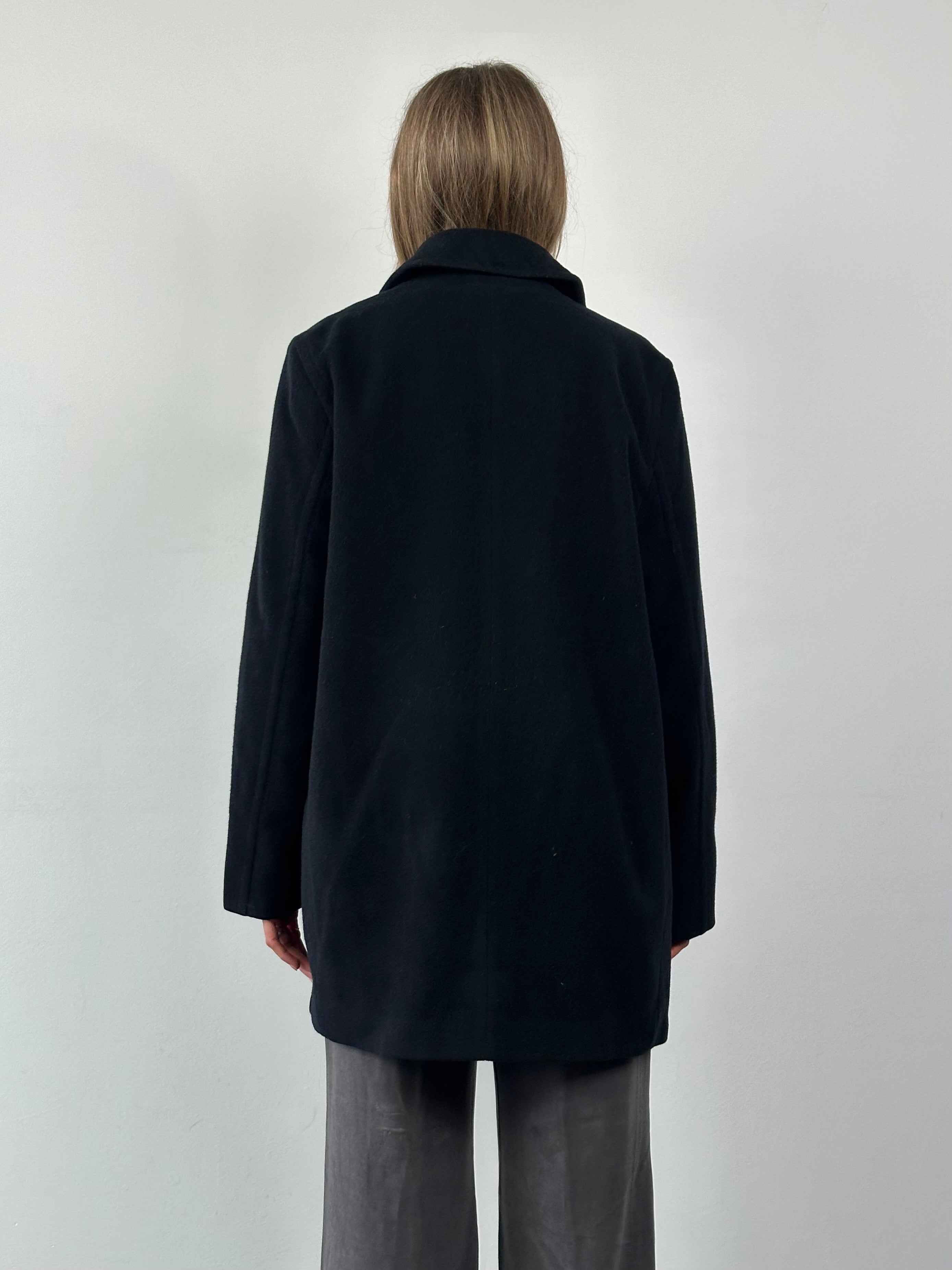 MAX & Co pure virgin wool double-breasted coat in size L displayed on a hanger, showcasing classic tailored design and warm fabric.