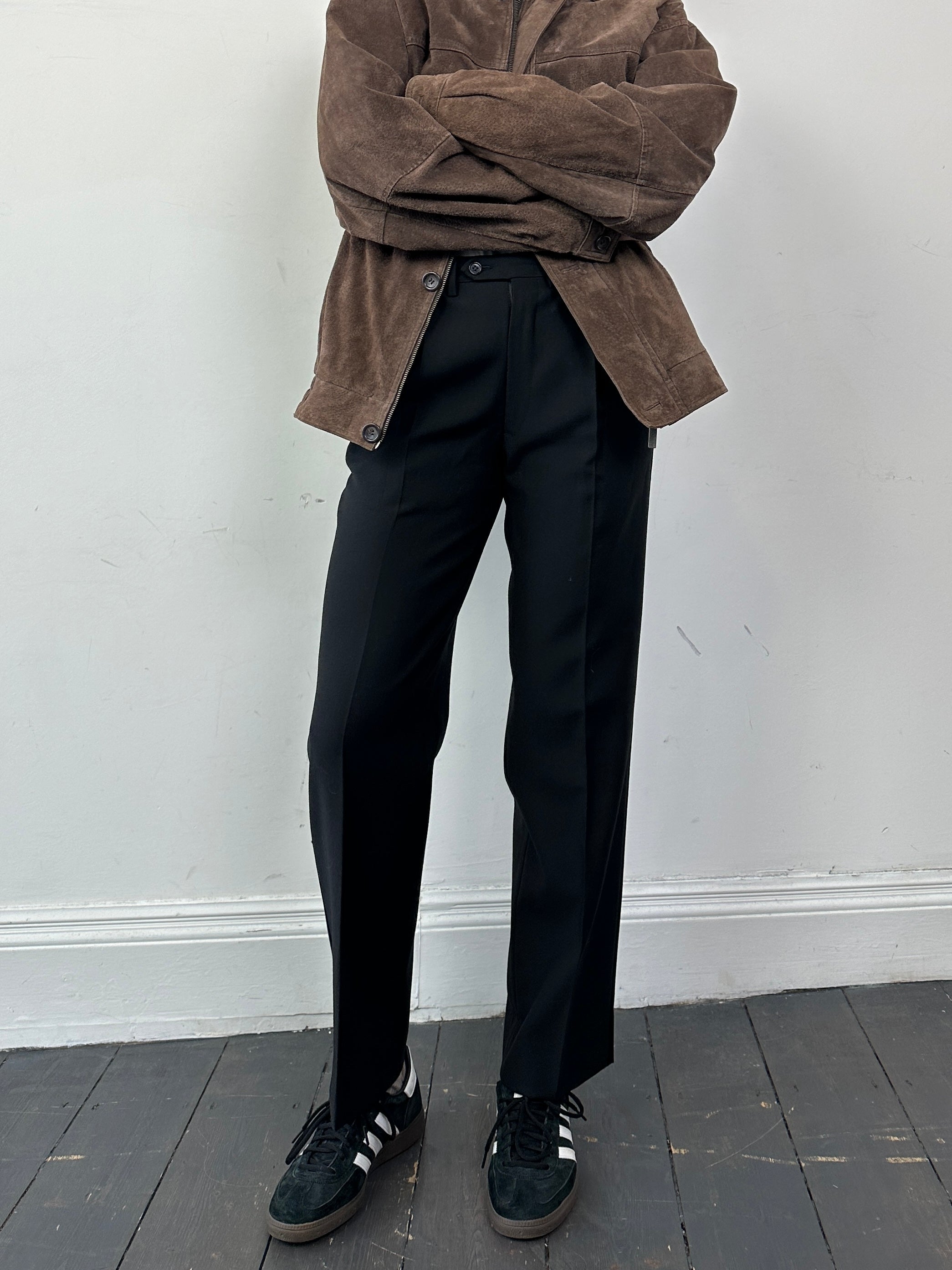 Vintage wool tuxedo trousers with straight leg cut, size W28, featuring classic tailored waistband and pressed crease details.