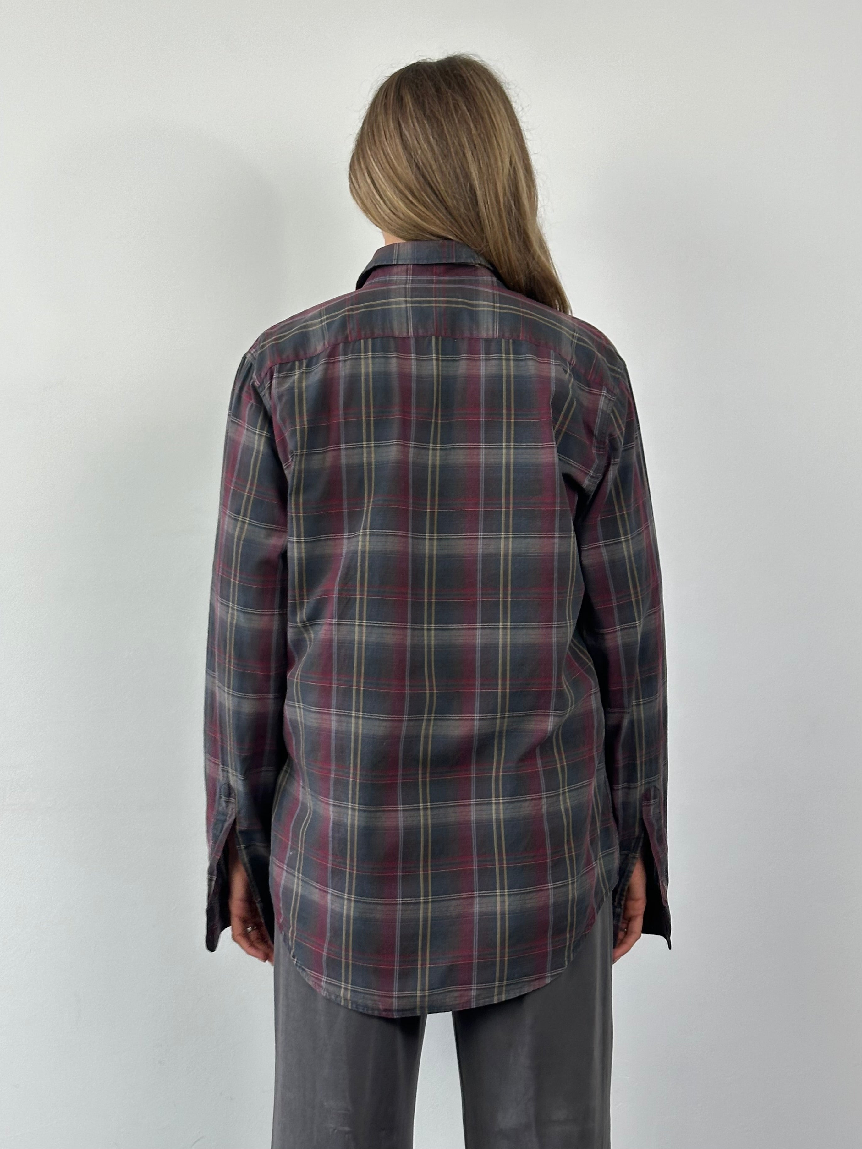 Armani Jeans check cotton flannel logo shirt in size L, featuring a classic 2000s plaid pattern and brand logo detail.