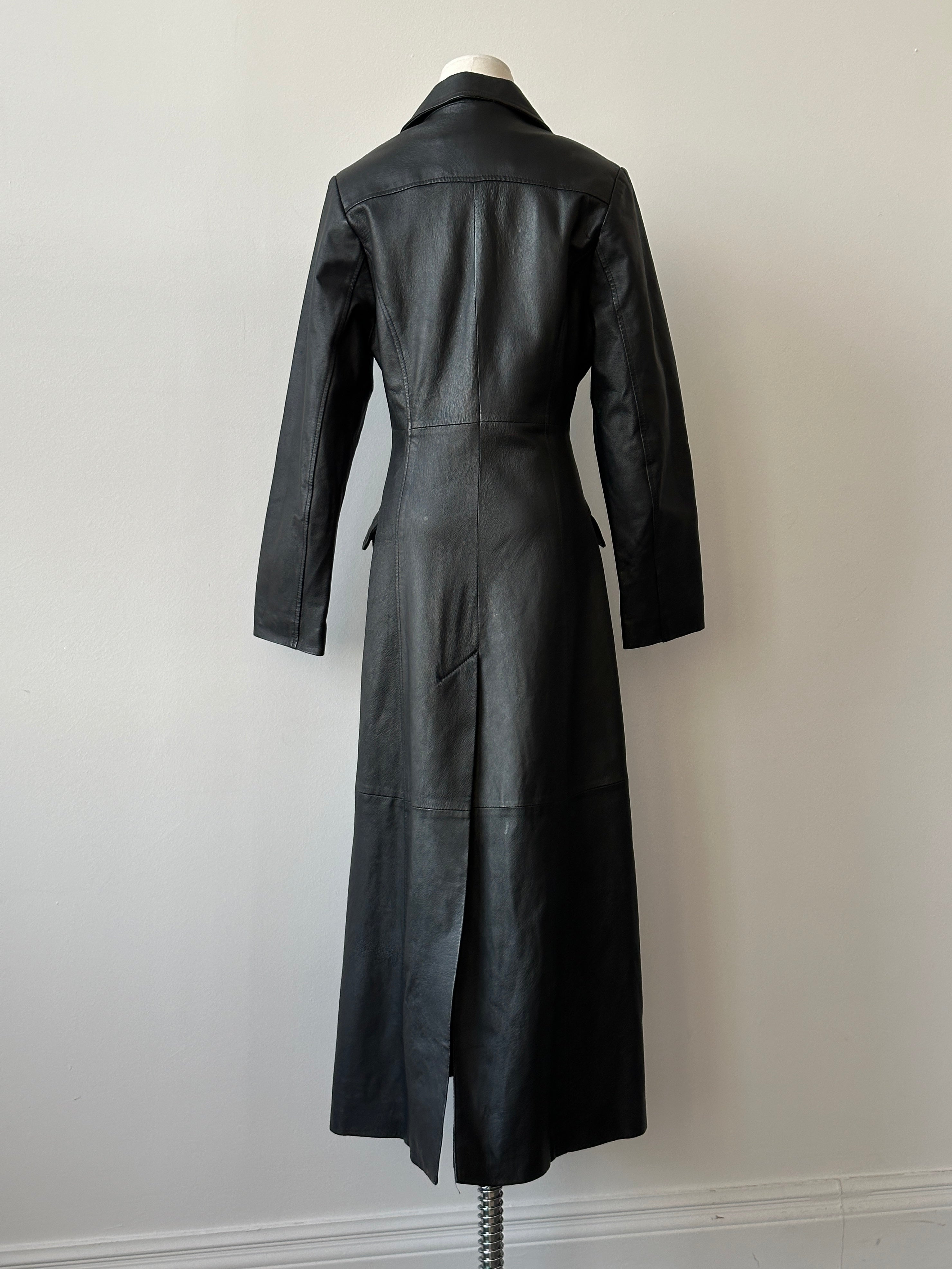 Vintage 1990s Leather Floor Length Trench Coat - S