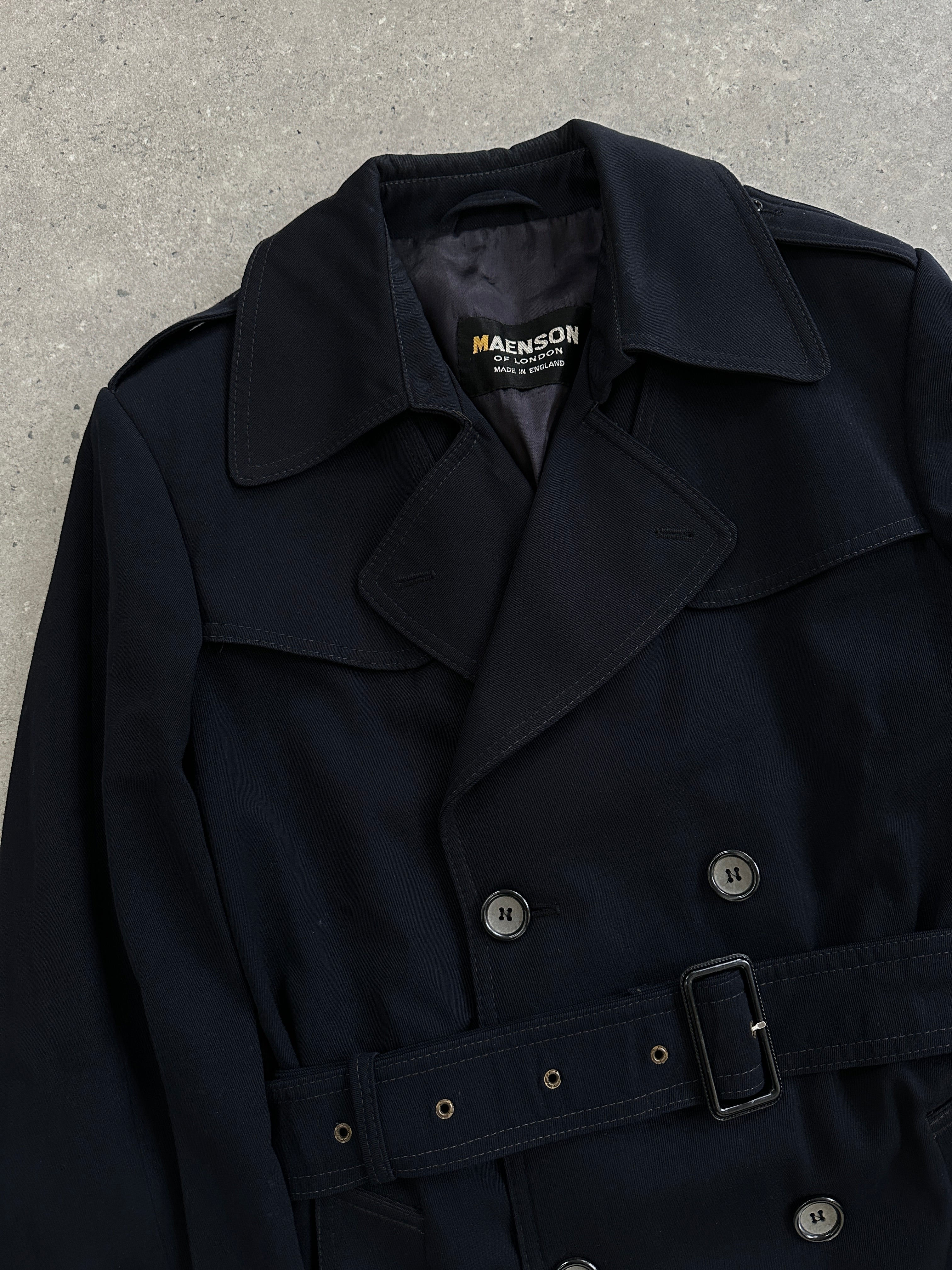 Vintage wool double-breasted belted trench coat in size S, featuring classic design and timeless style.