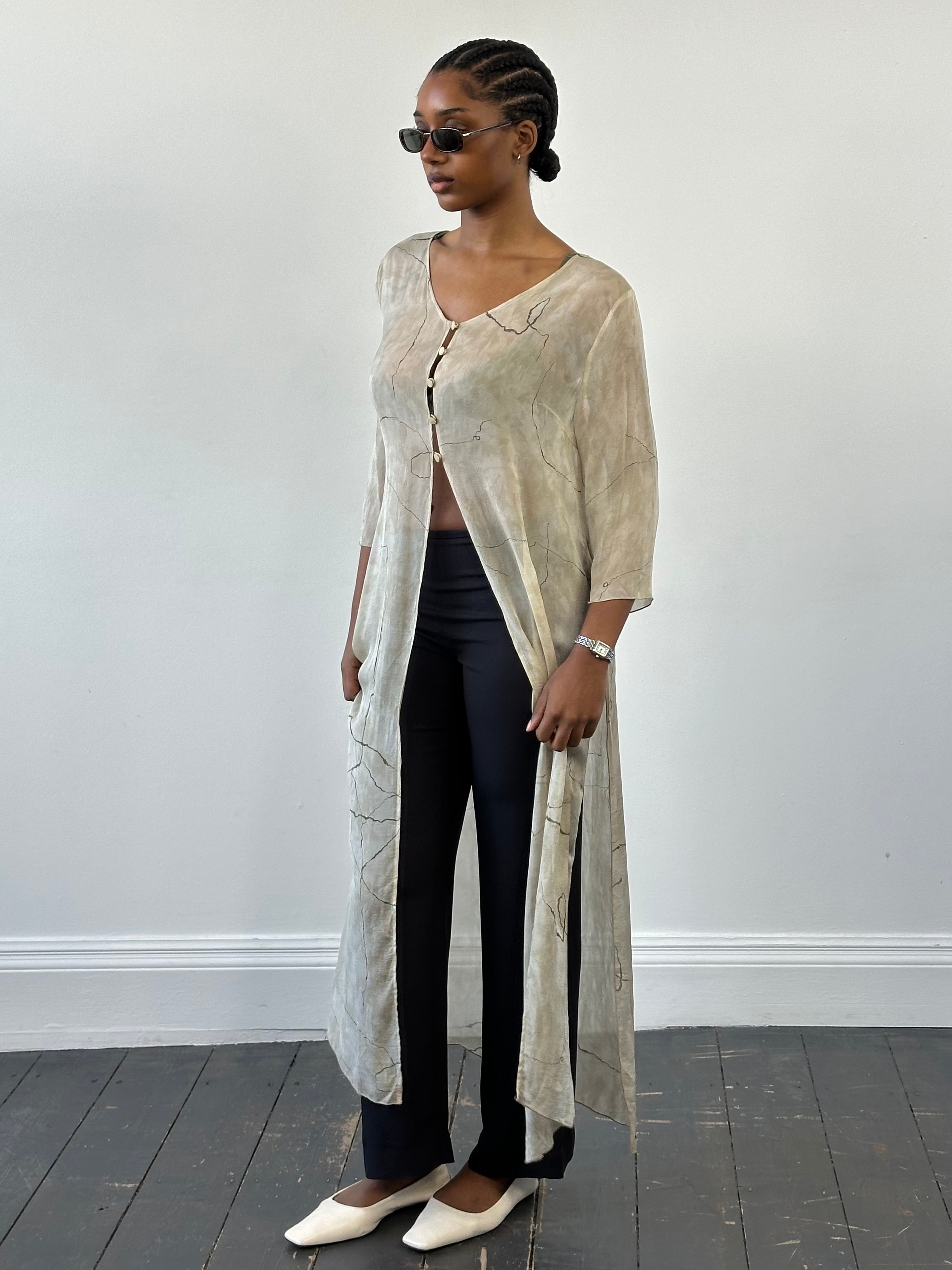Vintage 1990s pure silk sheer longline cardigan, size M, featuring lightweight, elegant design with a soft, flowing fabric.