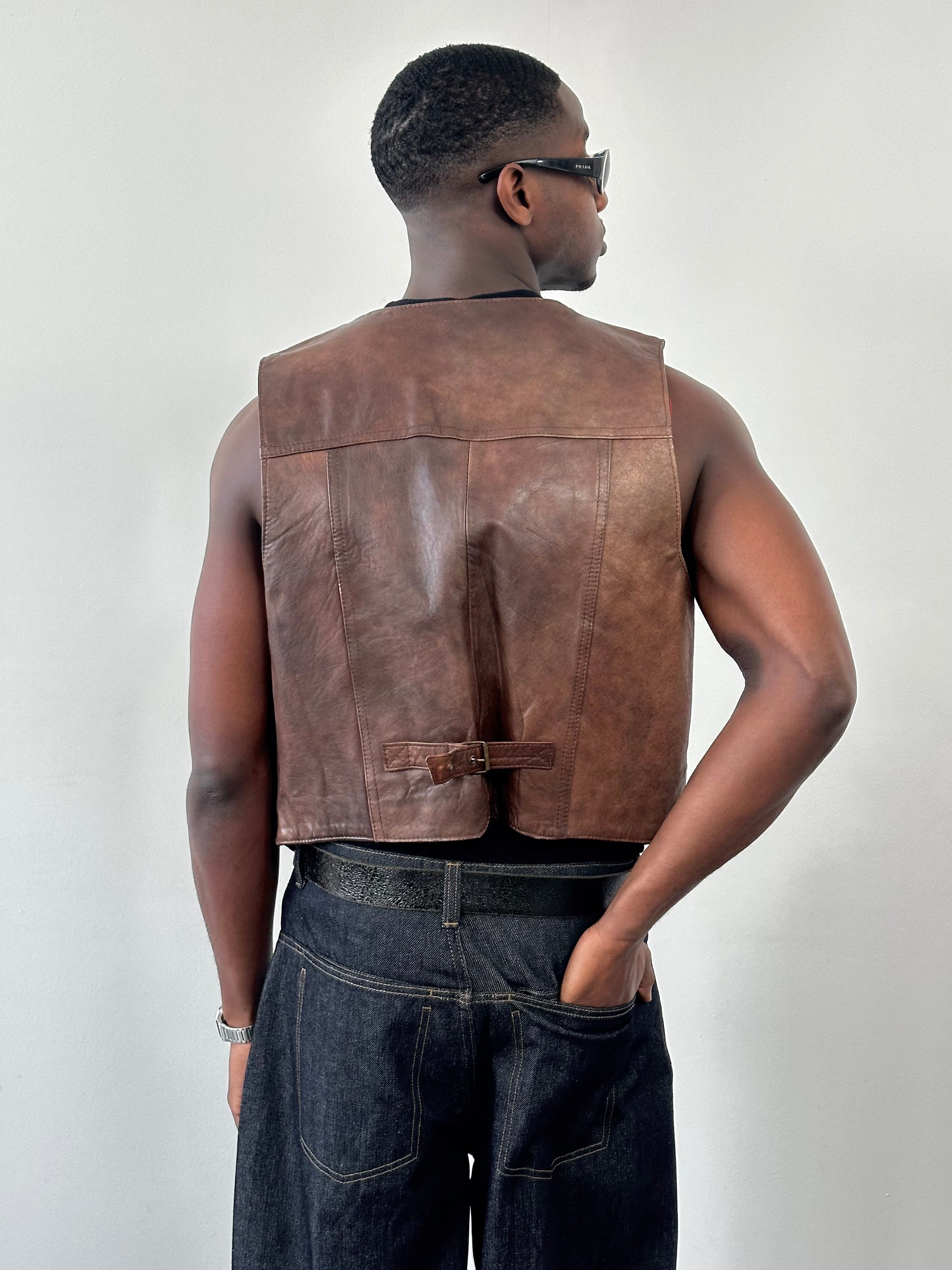 Italian Vintage 1990s Aged Leather Waistcoat - M