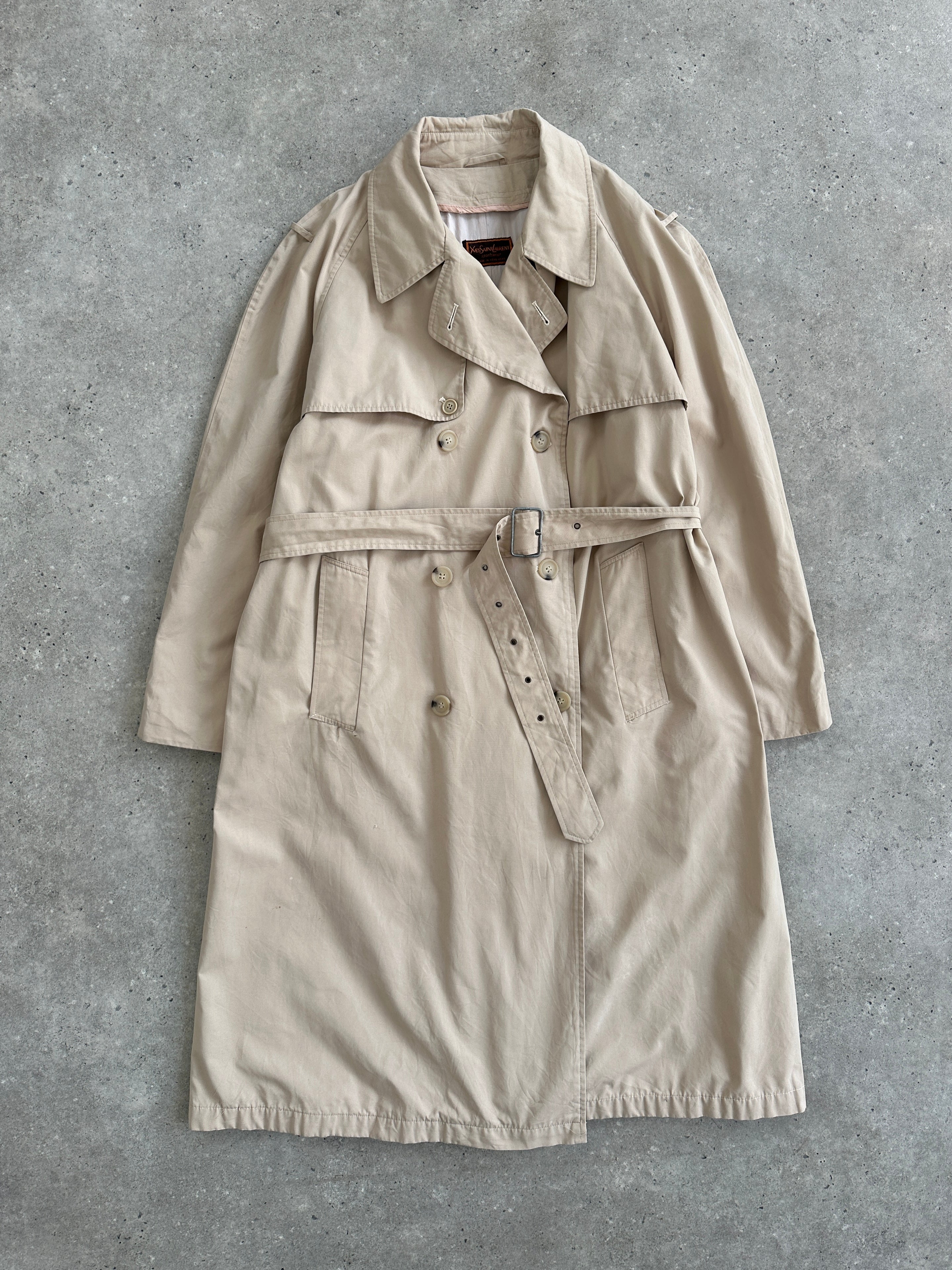 Yves Saint Laurent 70s cotton double-breasted belted trench coat in XL, beige color, with classic collar and button details.