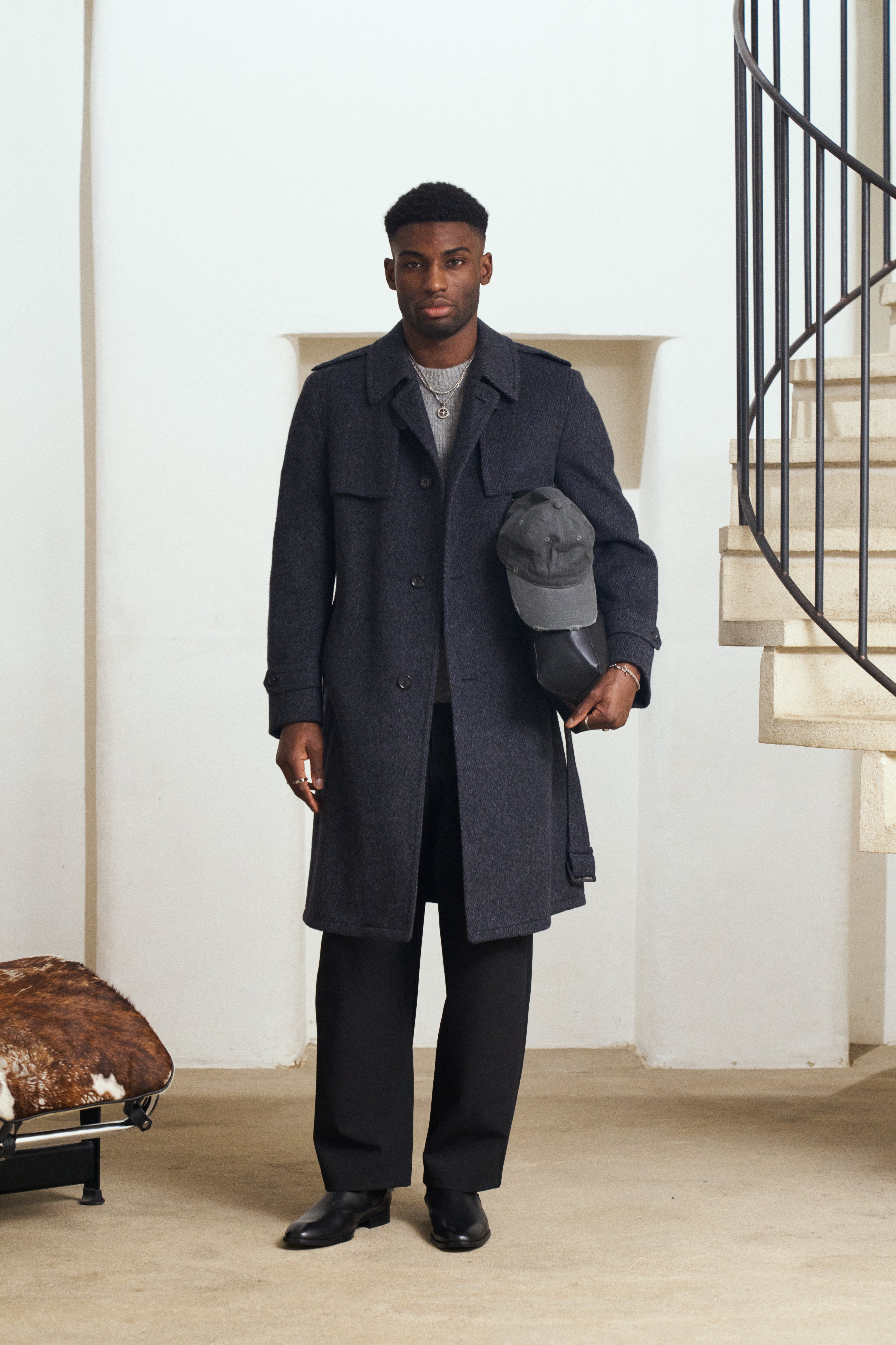 Vintage 1990s pure brushed wool high neck belted coat in XL, shown hanging with front view and belt detail.