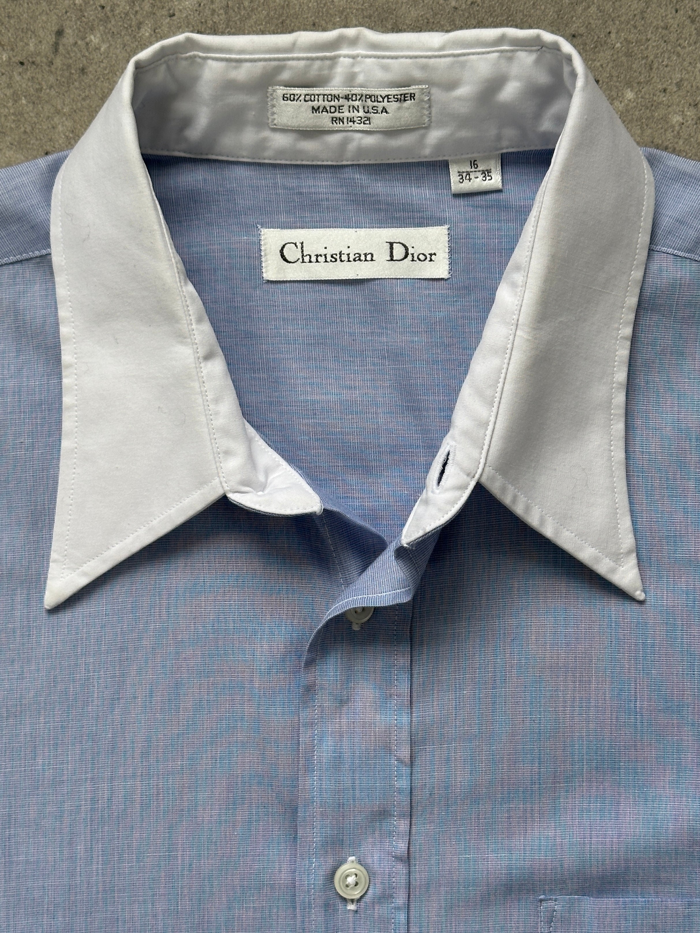 Christian Dior 1980s cotton shirt with contrast collar, long sleeves, and classic design, size large.
