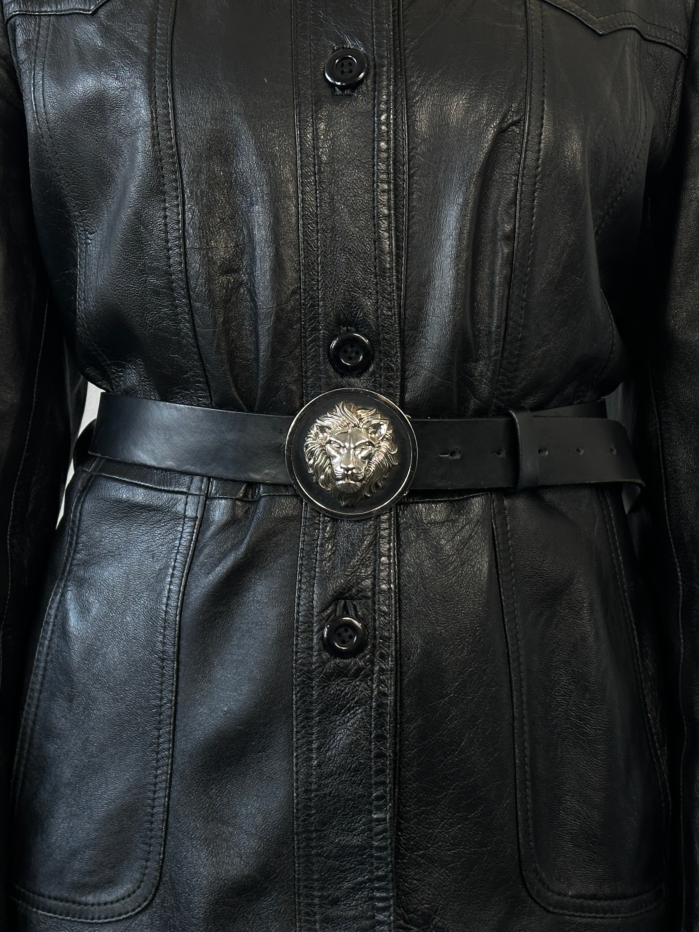 Versace Versus 1990s bespoke lion head leather belt with silver buckle, black leather strap, size W30-38, stylish designer belt.