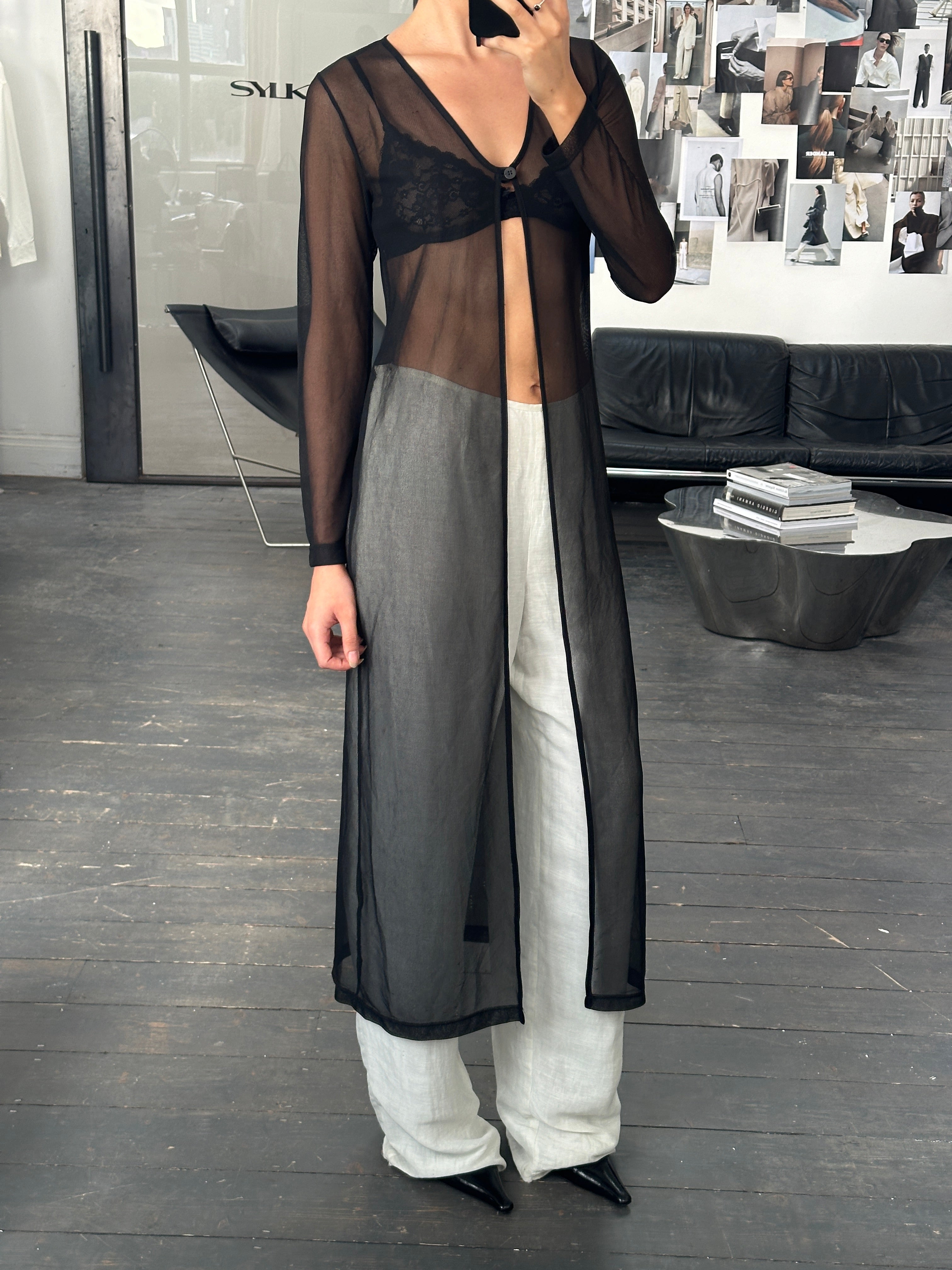 Vintage 2000s sheer floor-length cardigan, lightweight and flowy, styled with long sleeves and open front, in a sheer fabric.