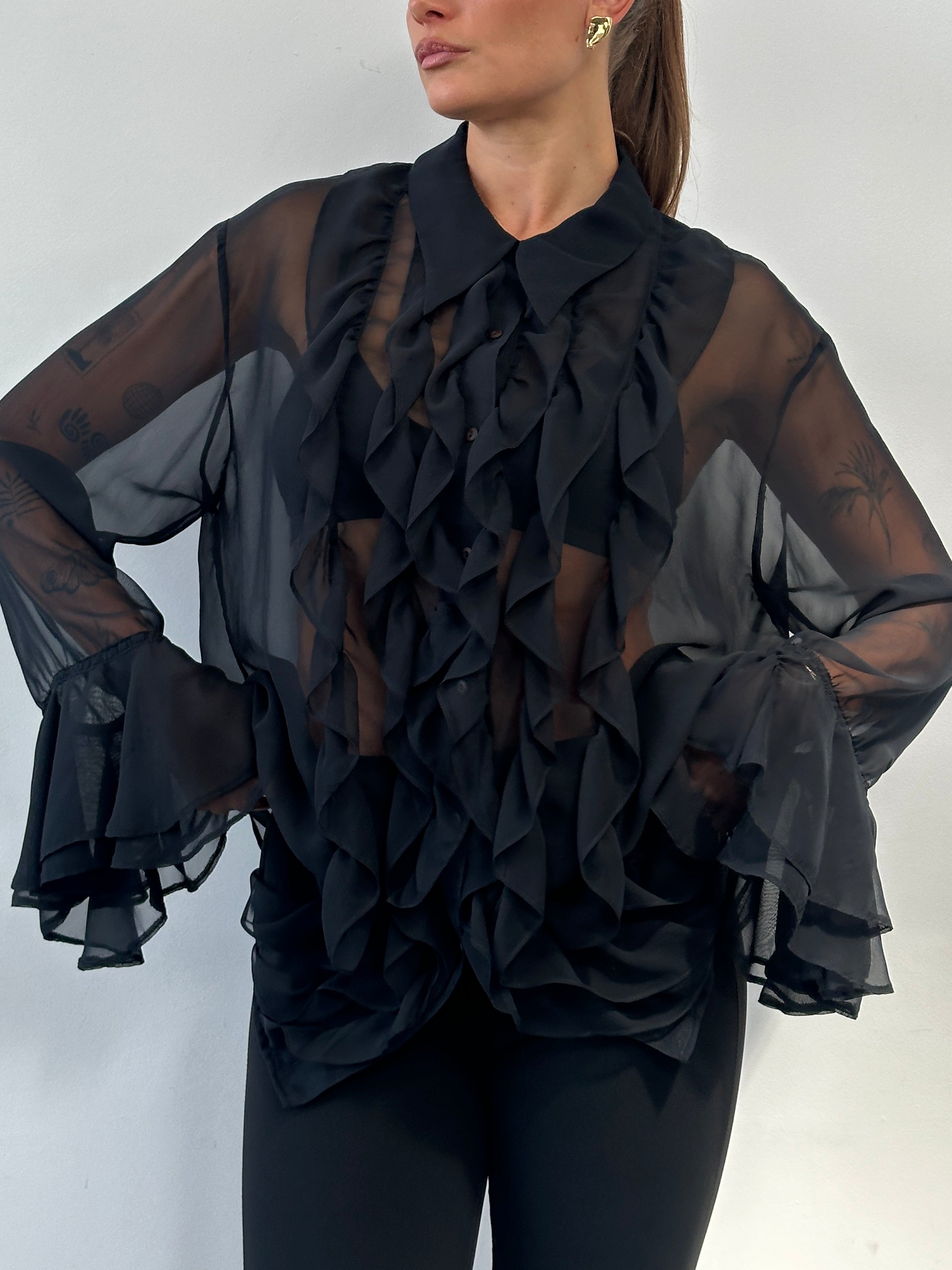 Vintage 00s sheer ruffle shirt in size L/XL, featuring lightweight fabric and feminine ruffle details, casual and stylish for vintage fashion.