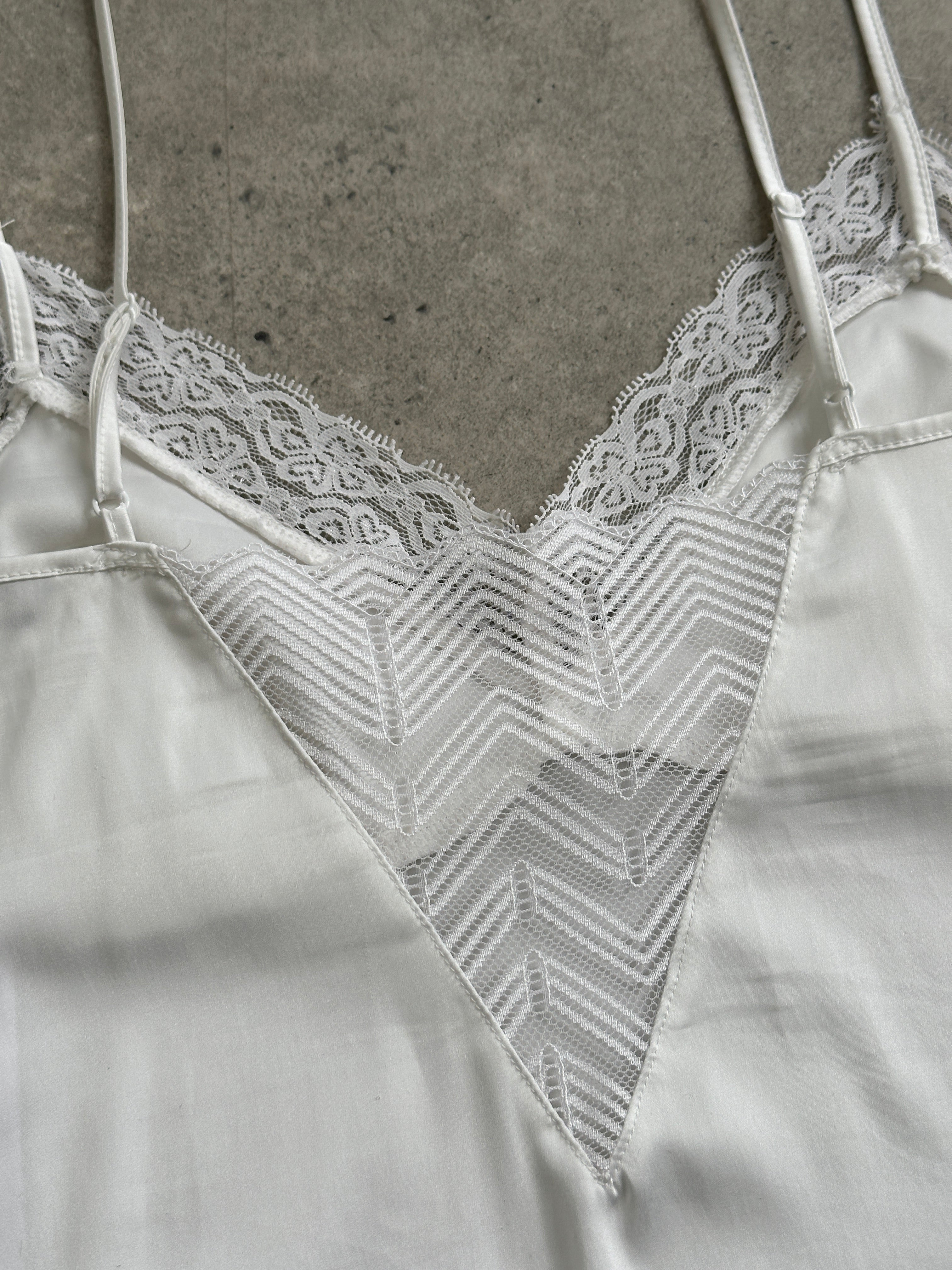 Vintage satin lace trim floor-length slip dress in size S, featuring elegant lace details and a vintage-inspired design.