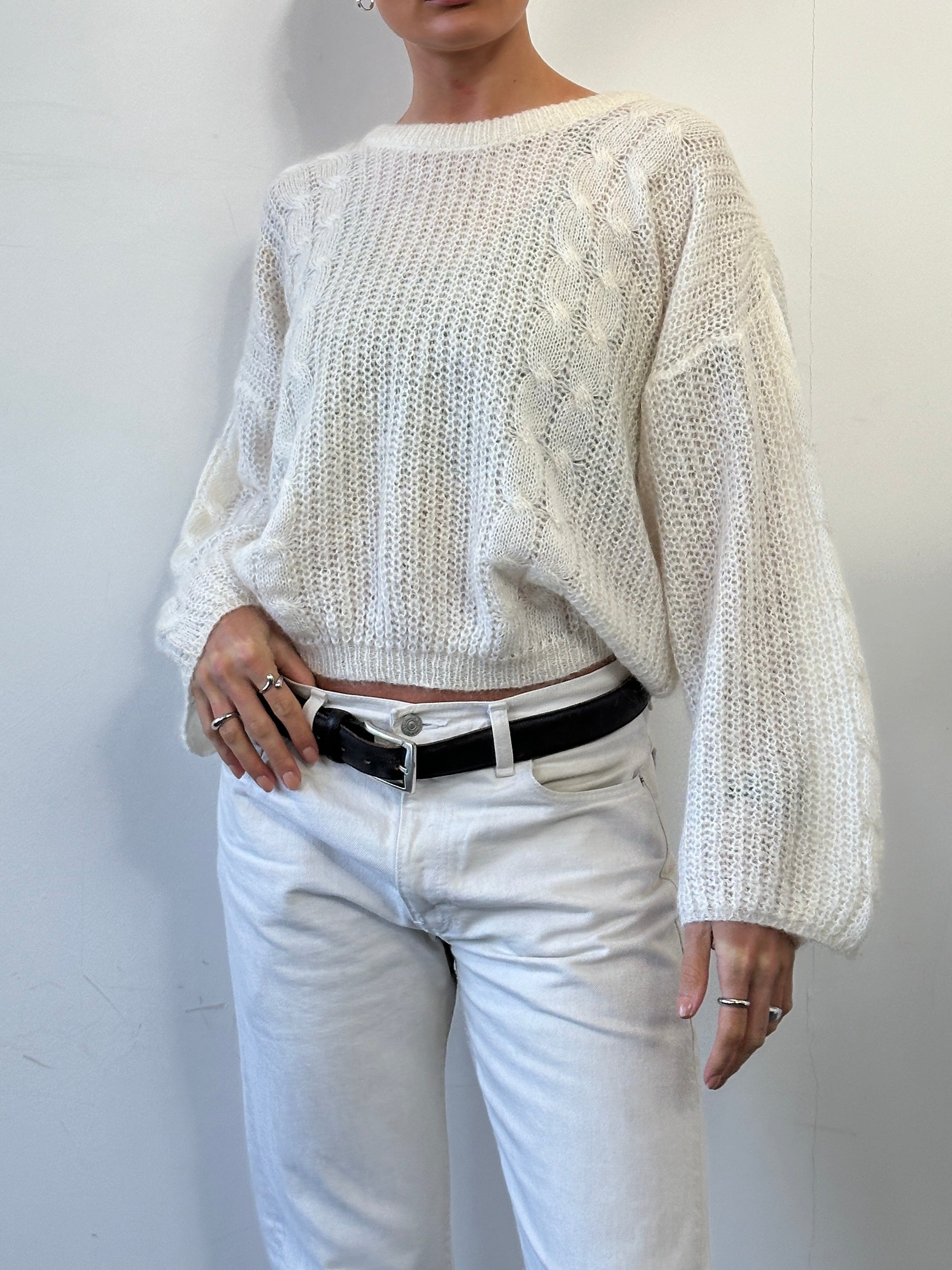 Vintage mohair open cable knit jumper in size M, featuring a cozy, textured cable pattern and classic vintage style.