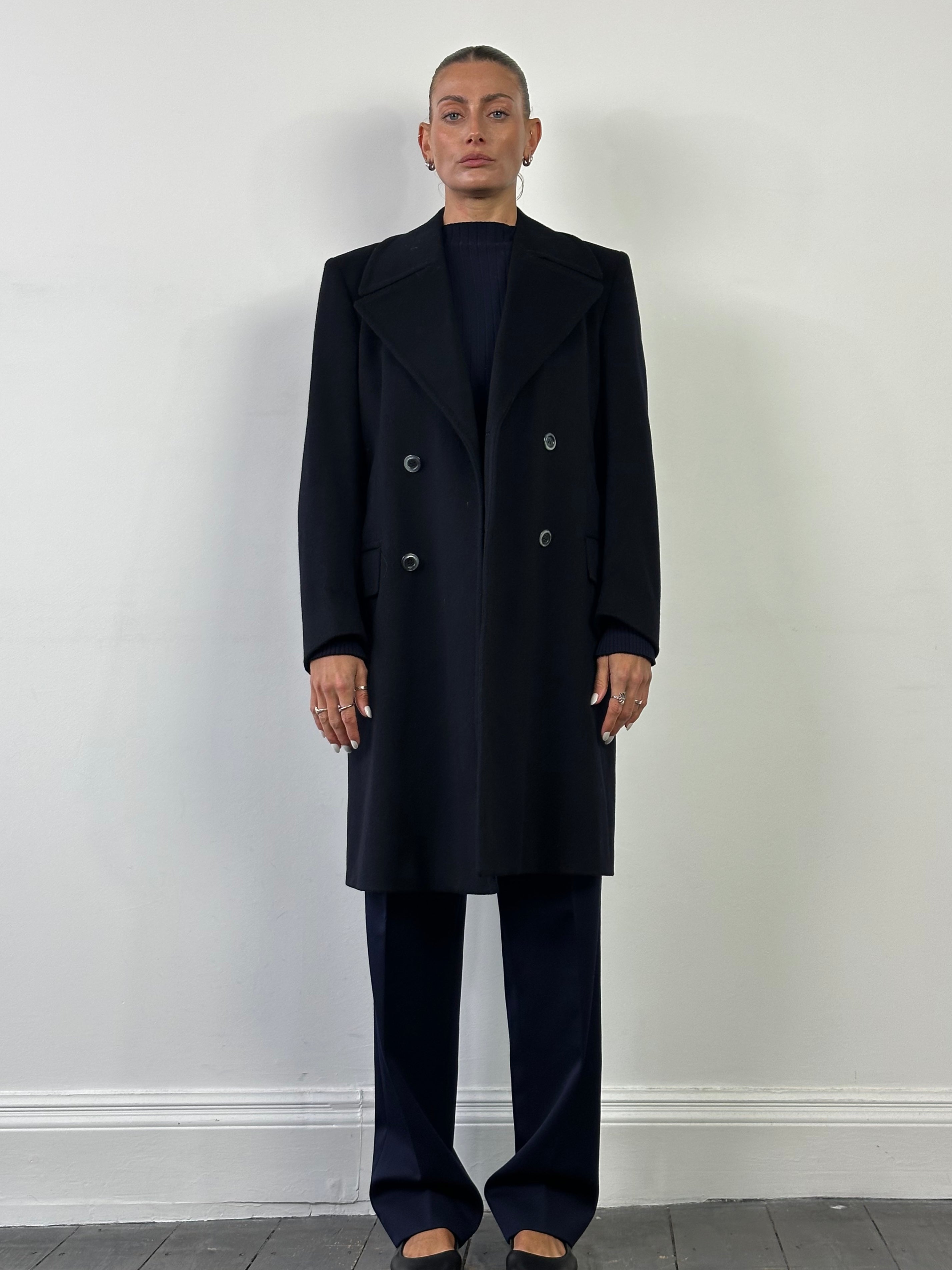 Vintage Pure Wool Large Lapel Double Breasted Coat, size M, stylish warm coat with classic design and button details.