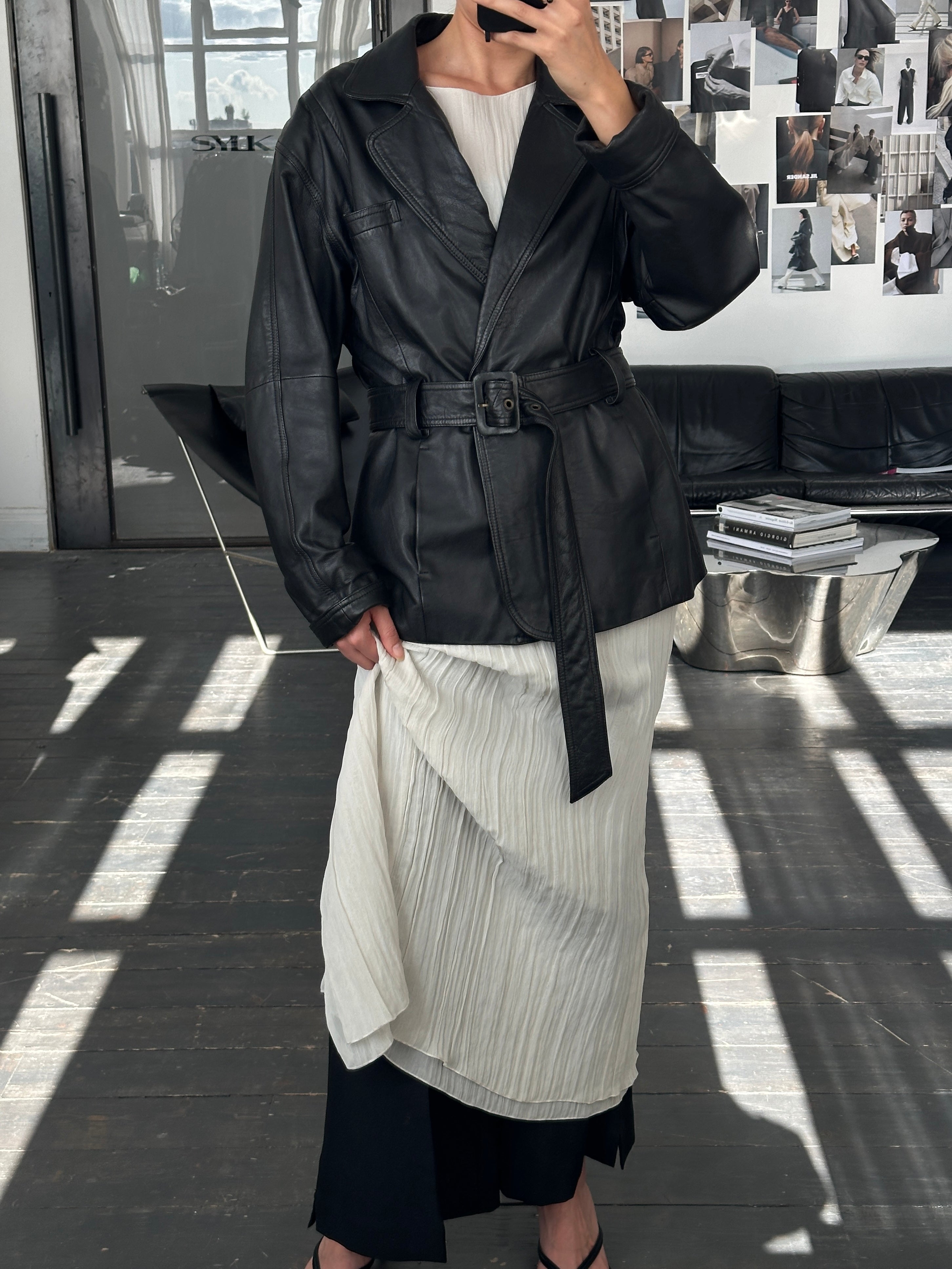 Vintage 90s leather belted jacket, size large, featuring classic design and detailed stitching, from the Vintage brand.