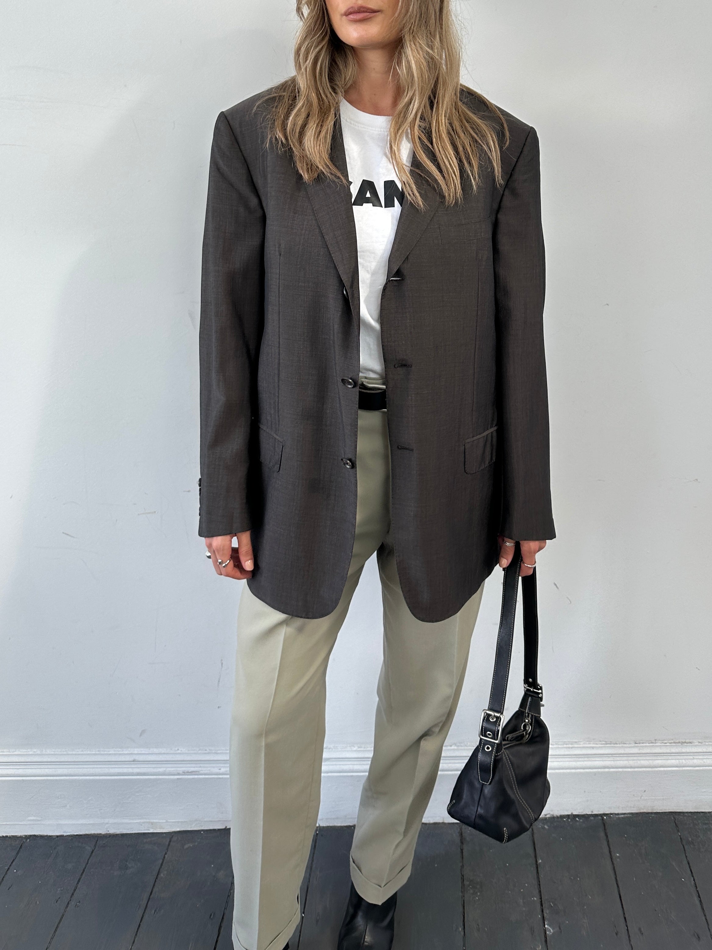 Valentino wool mohair single-breasted blazer in size 44/XL, shown in a tailored fit with classic lapels and button closure.