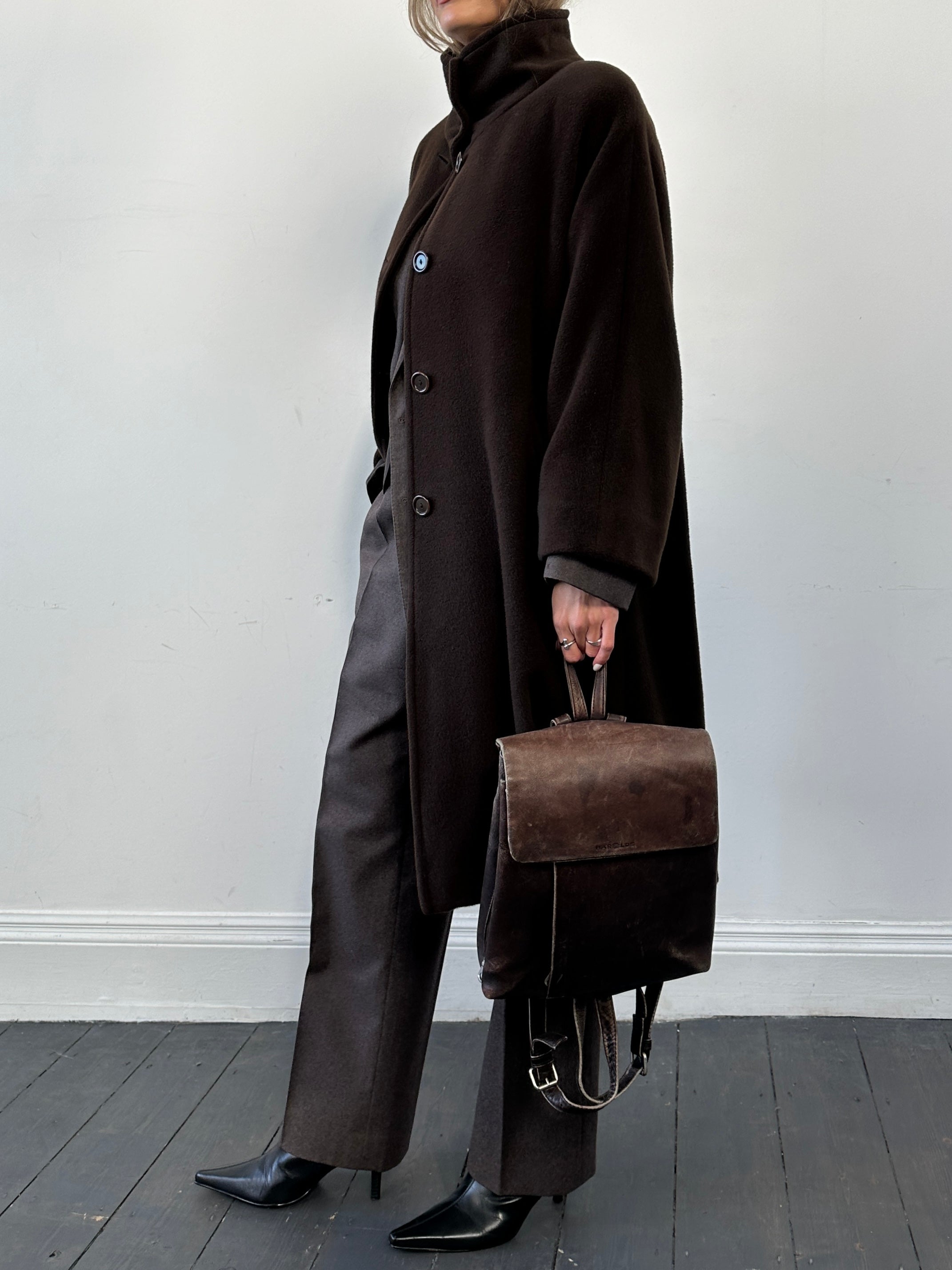 Marella wool cashmere funnel neck coat in black, tailored with a sleek silhouette and button details, suitable for winter wear.