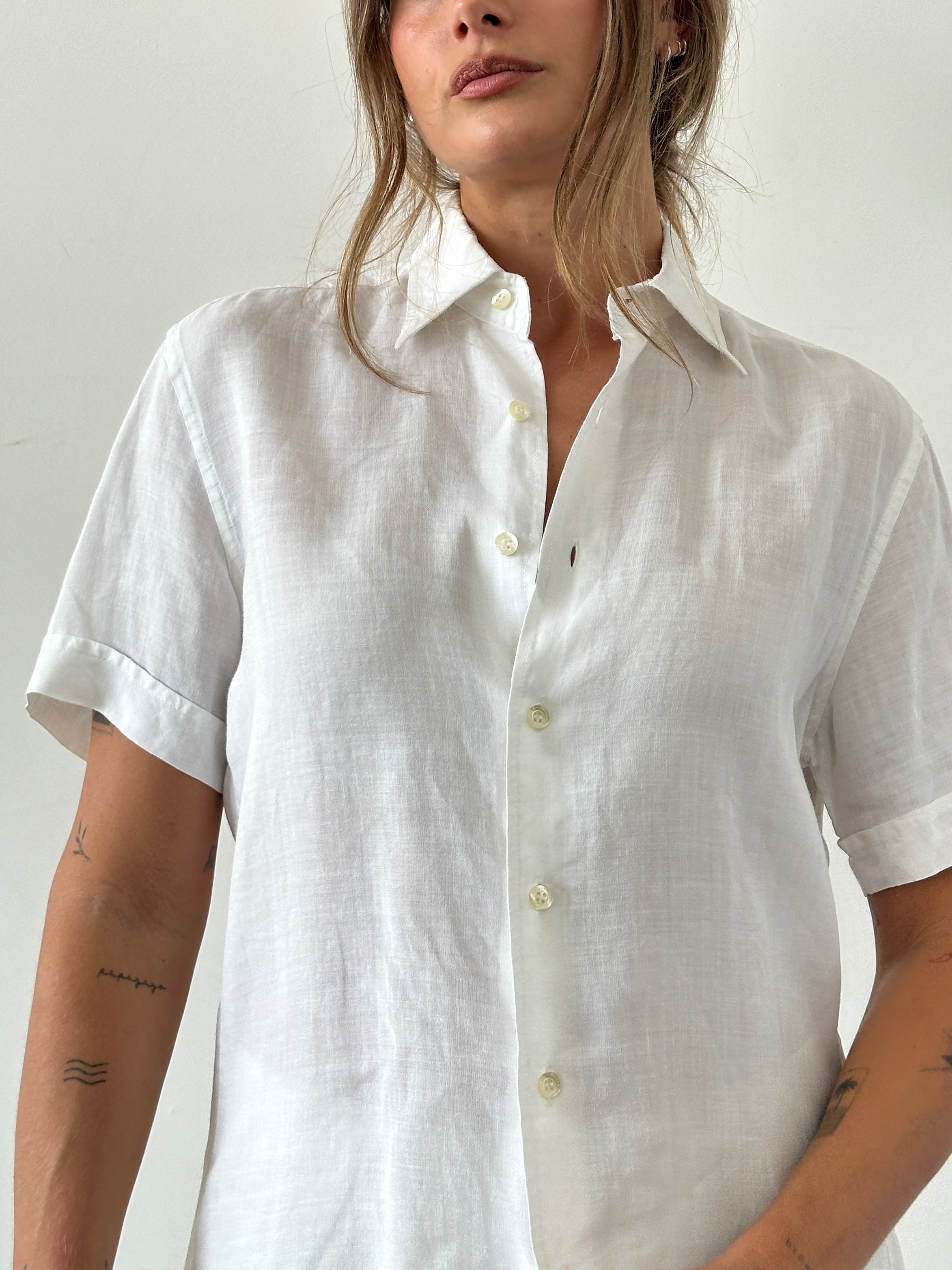 Guess Pure Linen Sheer Short Sleeve Shirt in white, lightweight and breathable with a relaxed fit, perfect for casual wear.
