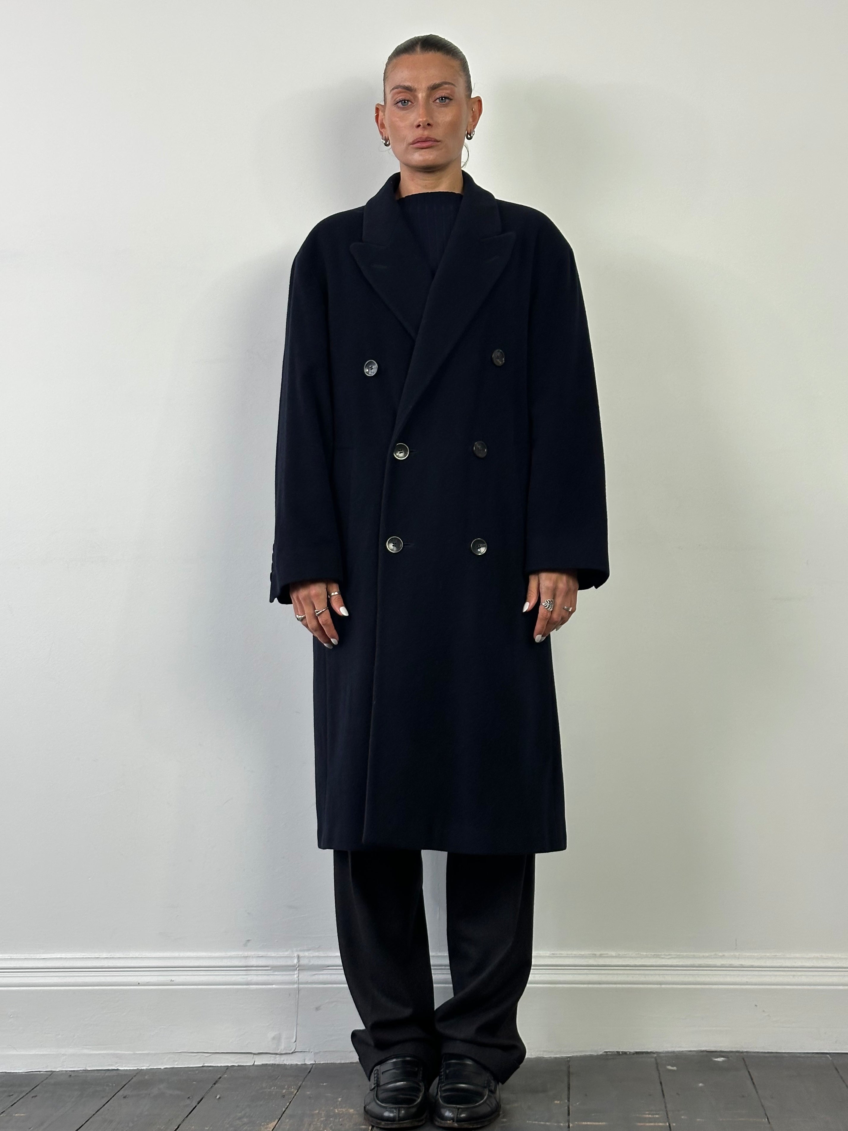 Vintage wool and cashmere double-breasted coat in XL, showcasing classic design with large buttons and tailored fit.