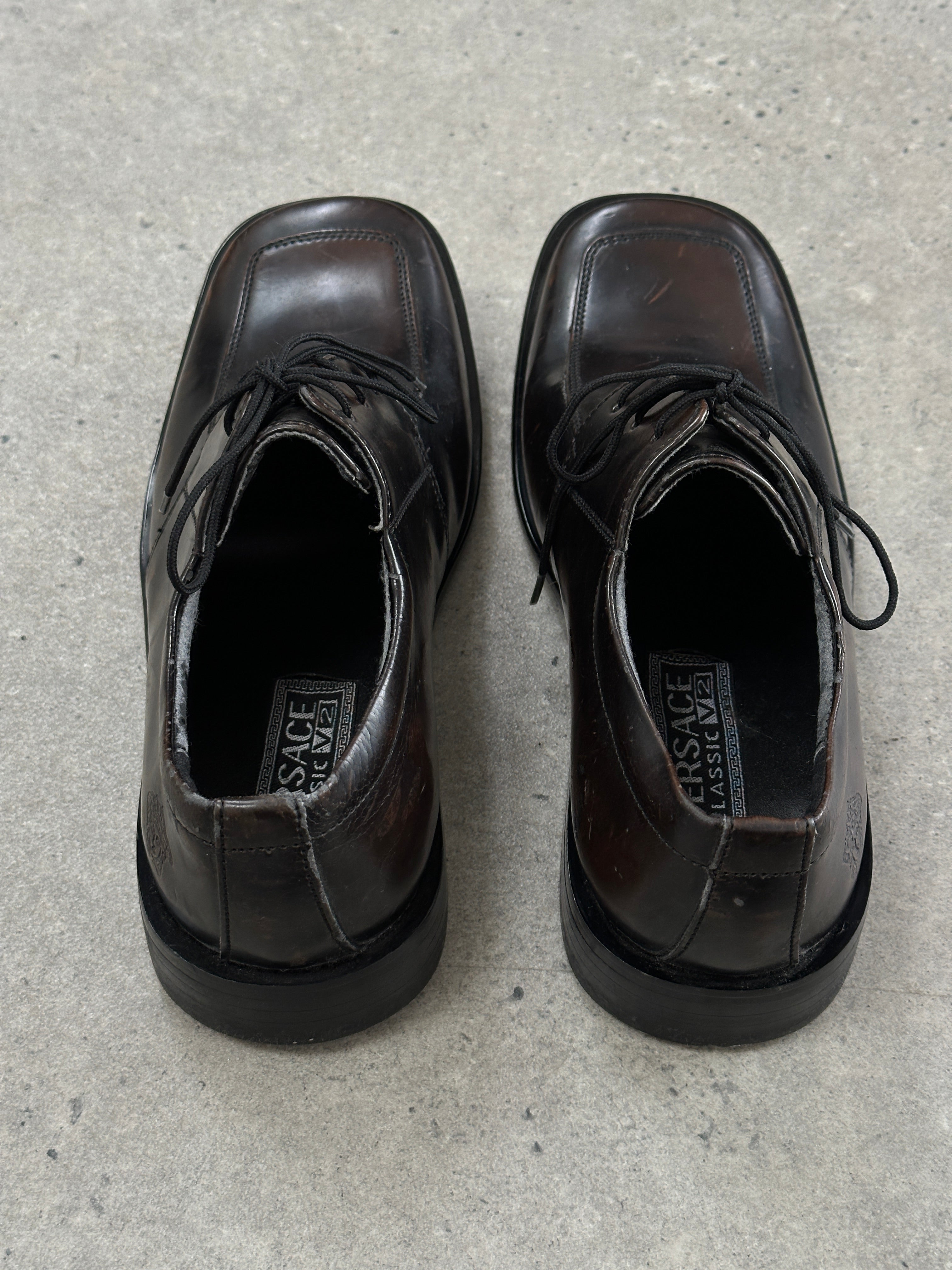 Versace Classic V2 leather square toe loafers in UK 7, stylish men's shoes with sleek design and premium leather finish.