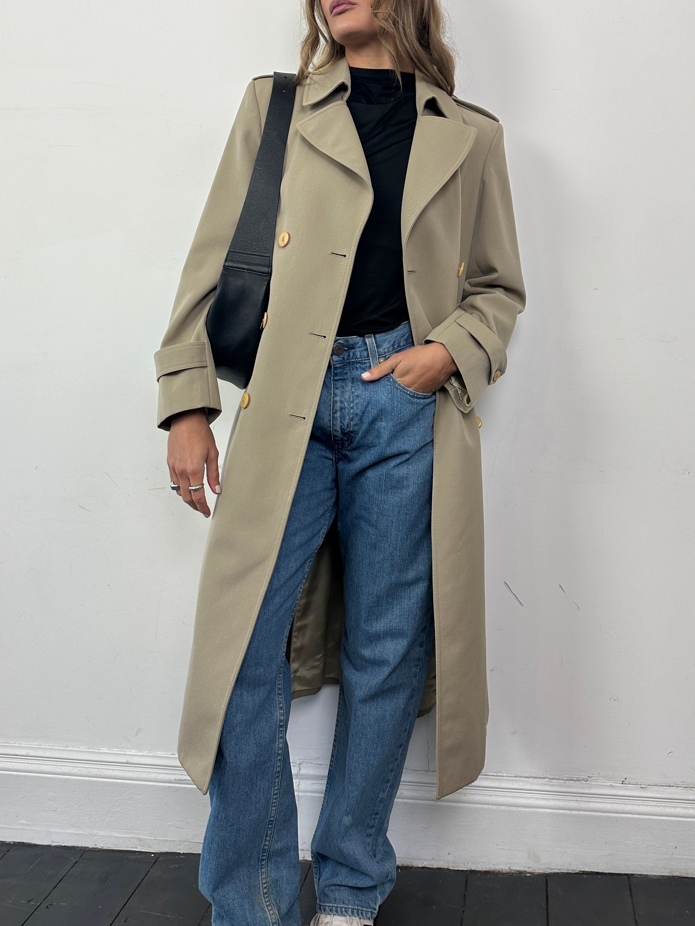 Vintage Italian double-breasted pure wool trench coat with belt in S/M size, featuring classic design and timeless style.