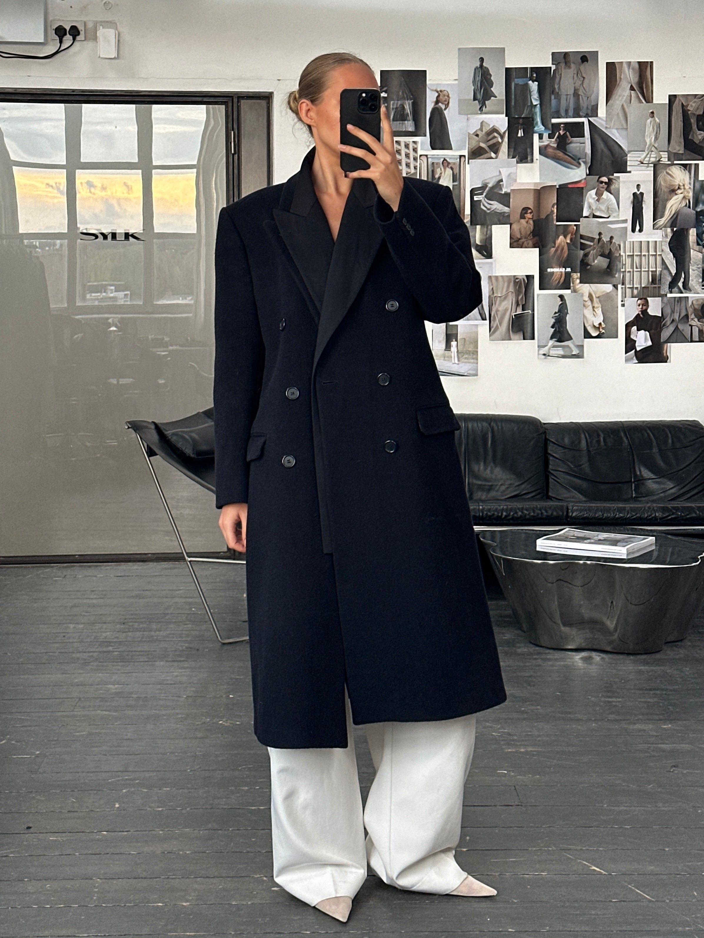 Vintage British 1990s wool cashmere double-breasted coat in XL, classic design with detailed buttons and tailored fit.