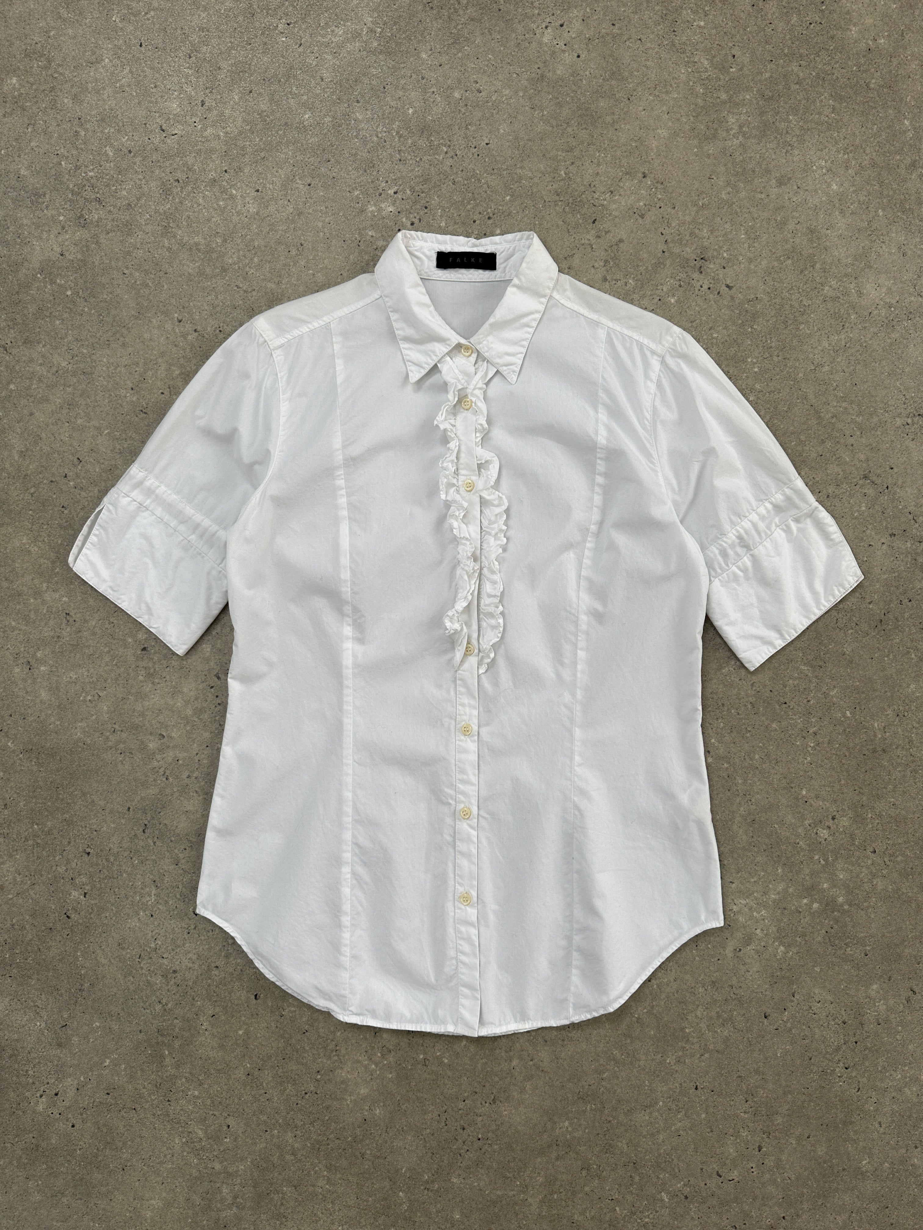Vintage 1990s short sleeve ruffle shirt in size M, featuring a classic retro design and lightweight fabric.